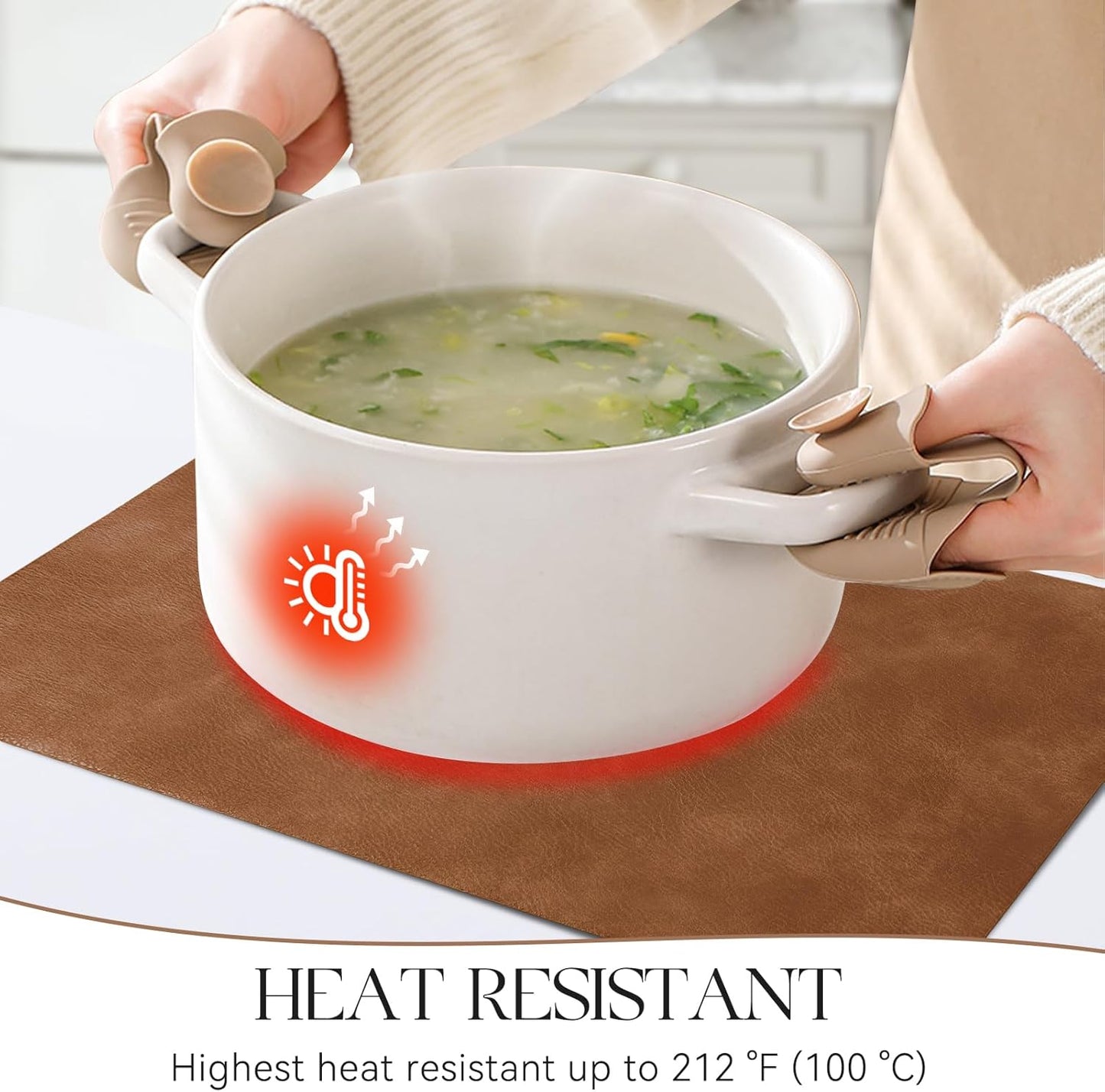 MOSAYT Vinyl Placemats Set of 8-12 X 17 Inch - Fall Faux Leather 100% Waterproof Oil-Proof Wipeable PU Place Mats, Heat Resistant Reversible Table Mats for Kitchen, Dining, Outdoor (Reddish Brown)