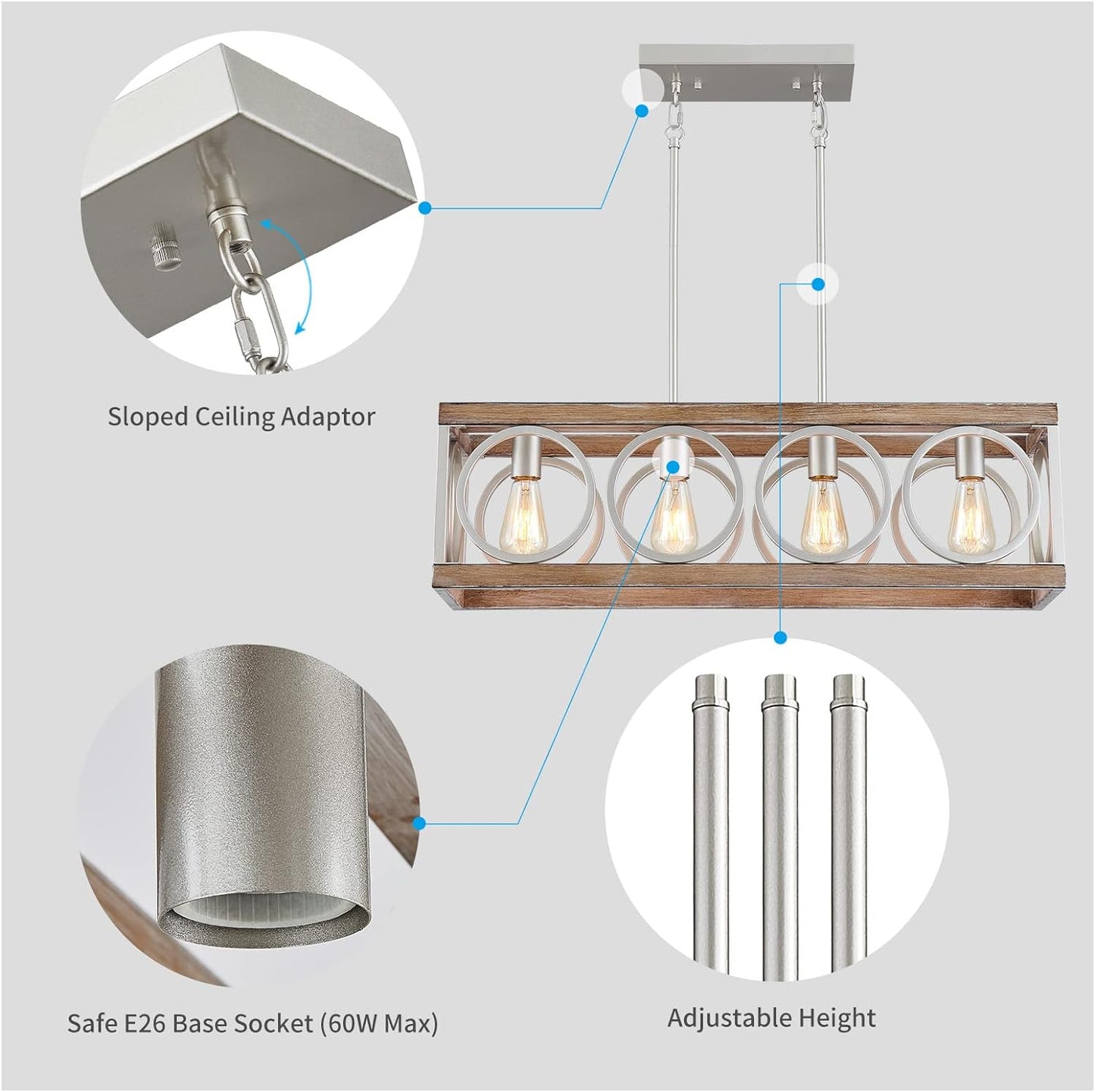 XINGQI Farmhouse Dining Room Chandeliers, Rectangle Vintage Hanging Lighting Fixtures, 4-Light Kitchen Island Lighting, Rustic Metal Chandelier Pendant Light, Antique Wood Grain XY082