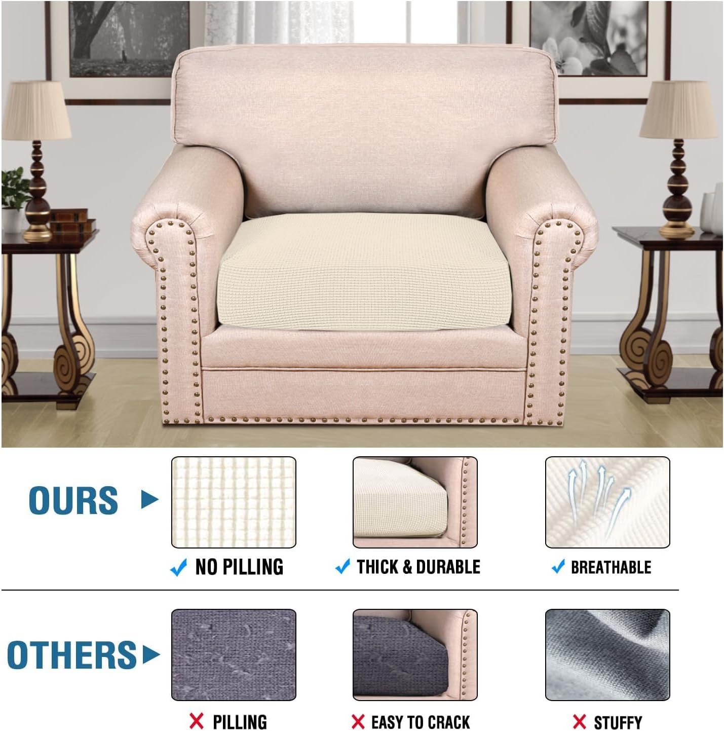 H.VERSAILTEX Super Stretch Individual Seat Cushion Covers Sofa Covers Couch Cushion Covers Slipcover Sets Thick Jacquard Textured Twill Fabric (1 Piece Chair Cushion Cover, Natural)