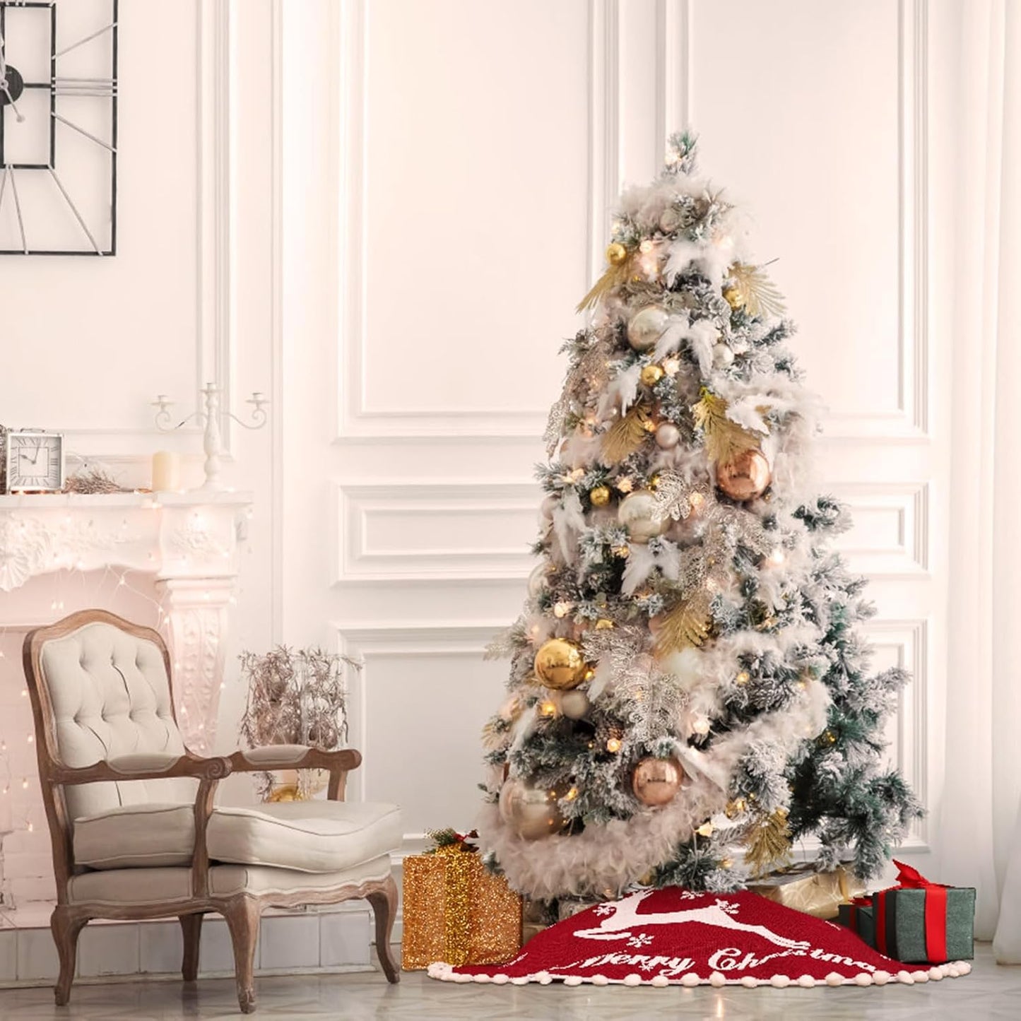 30 Inch Christmas Tree Skirt, Burlap Red Christmas Rustic Tree Skirt with Elk Deer and White Snowflake Printed for Holiday Party Xmas Tree Decoration