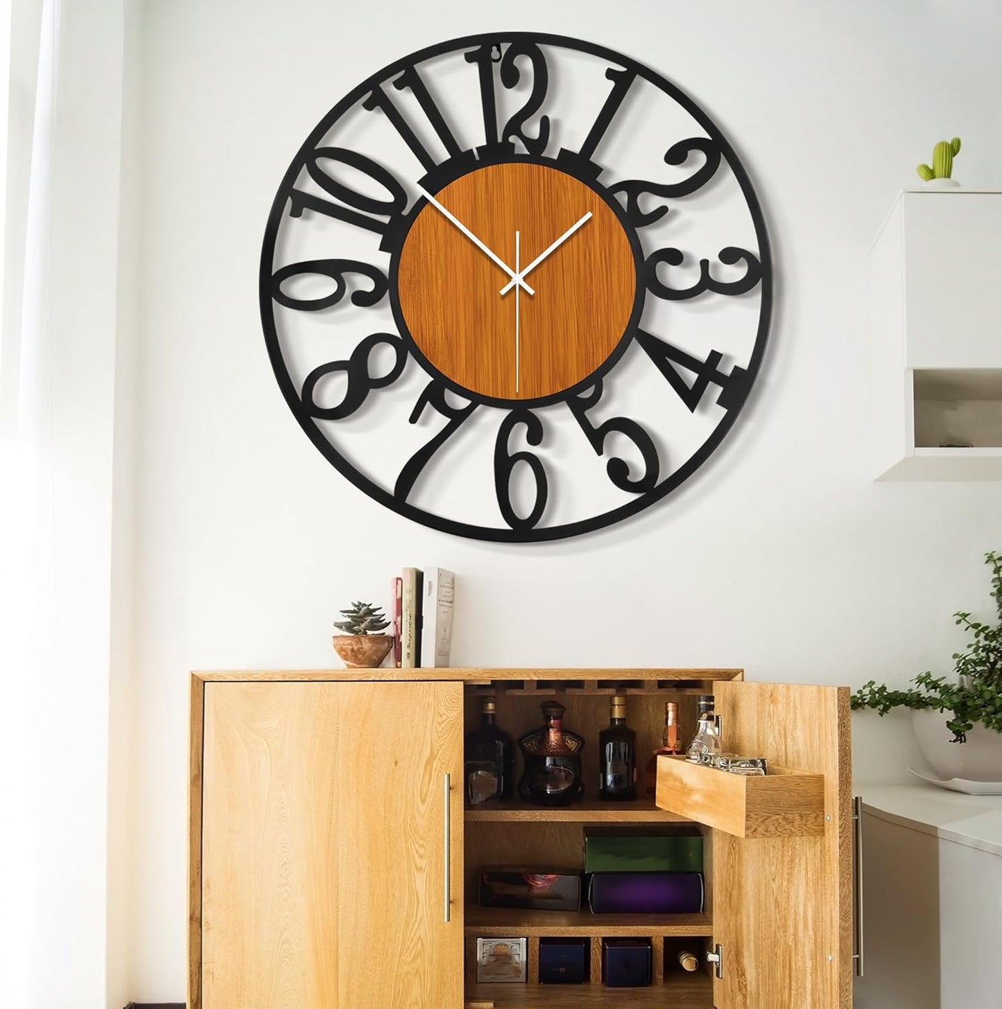 LEIKE 30" Oversized Large Wall Clocks,Silent,Non Ticking,Battery Operated Modern Round Big Wood Decorative Metal Wall Clock for Living Room, Bedroom,Kitchen,Farmhouse,Office Decor - Black,30 Inch