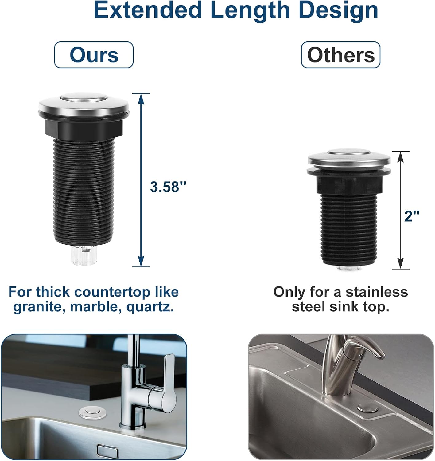 Air Switch Kit for Garbage Disposal, UL Listed Sink Top Air Switch for Food Waste Disposal, 3.58” Extra Long Air Button (Brushed Stainless Steel)