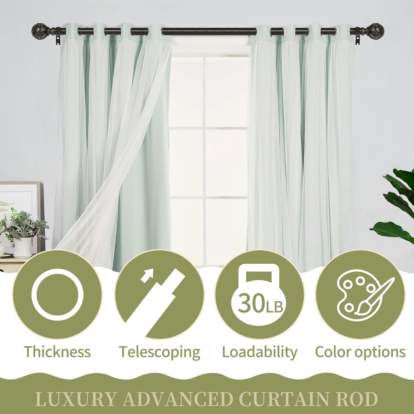 Bronze Farmhouse Curtain Rods for Windows:72-144" Heavy Duty Adjustable Long Curtain Rod for Bedroom Living Room,Boho Decorative Rustic Drapery Rods with Vintage Coastal Finials,Antique Bronze