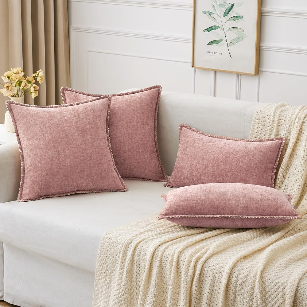 MIULEE Pack of 2 Couch Throw Pillow Covers 18x18 Inch Blush Pink Farmhouse Decorative Pillow Covers with Stitched Edge Soft Chenille Solid Dyed Spring Pillow Covers for Sofa Bed Living Room