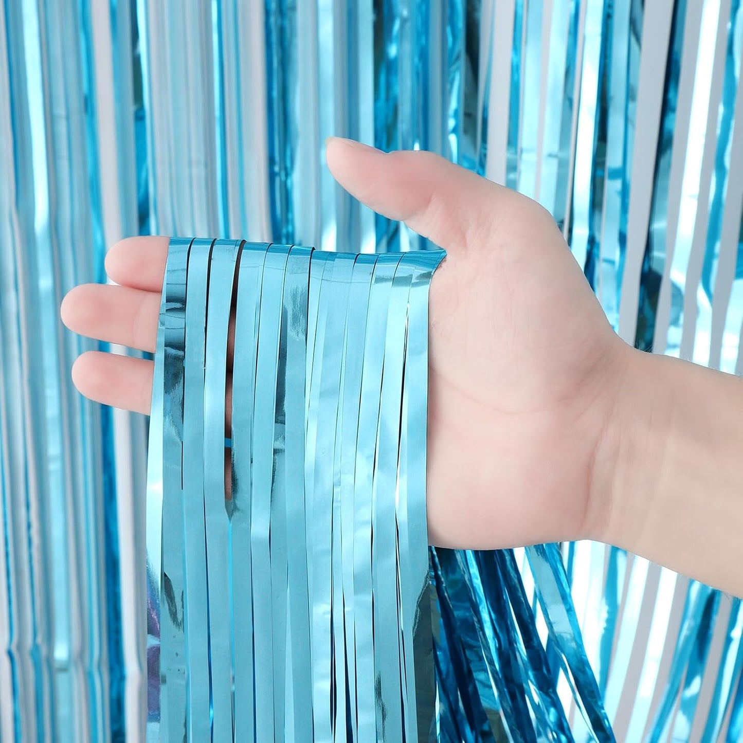 3 Pack 3.3x8.2 Feet Light Blue Foil Fringe Backdrop Curtains, Tinsel Streamers Birthday Party Decorations, Fringe Backdrop for Graduation, Baby Shower, Gender Reveal, Disco Party