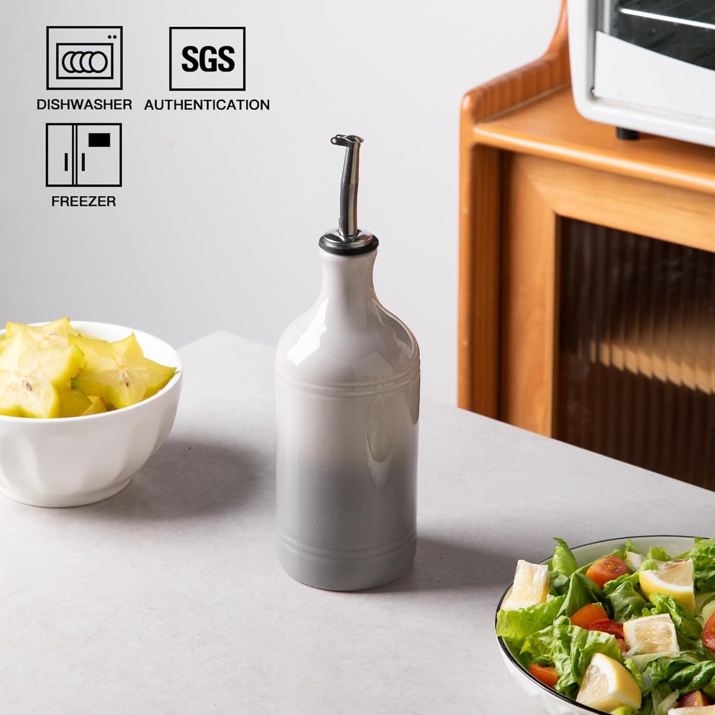 Sweejar Ceramic Olive Oil Dispenser Bottle, Opaque Oil Cruet Protects Oil to Reduce Oxidation, Suitable for Storage Vinegar, Coffee Syrups & Other Liquids, Pack of 1, 15.5 Fl Oz (Gradient Fog Gray)