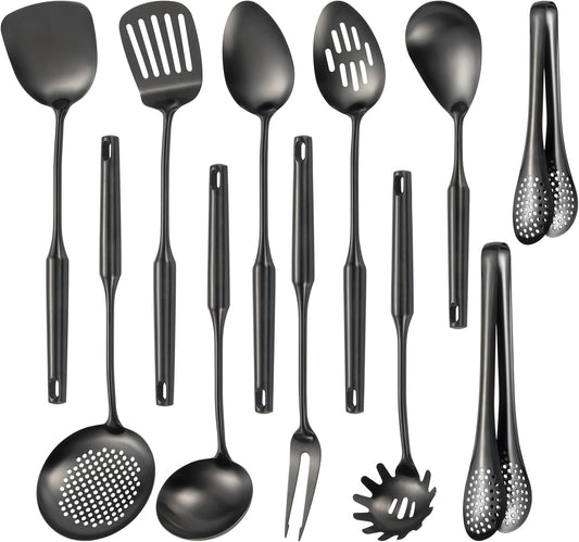 304 Stainlss Steel Matte Kitchen Utensils Set, 11 Pcs Long Metal Cooking Utensil Gadgets Tools Set with Spatula, Ladle, Spoon, Ladle, Skimmer, Tunner, Pasta Server, Tongs(Black, Dishwasher Safe)