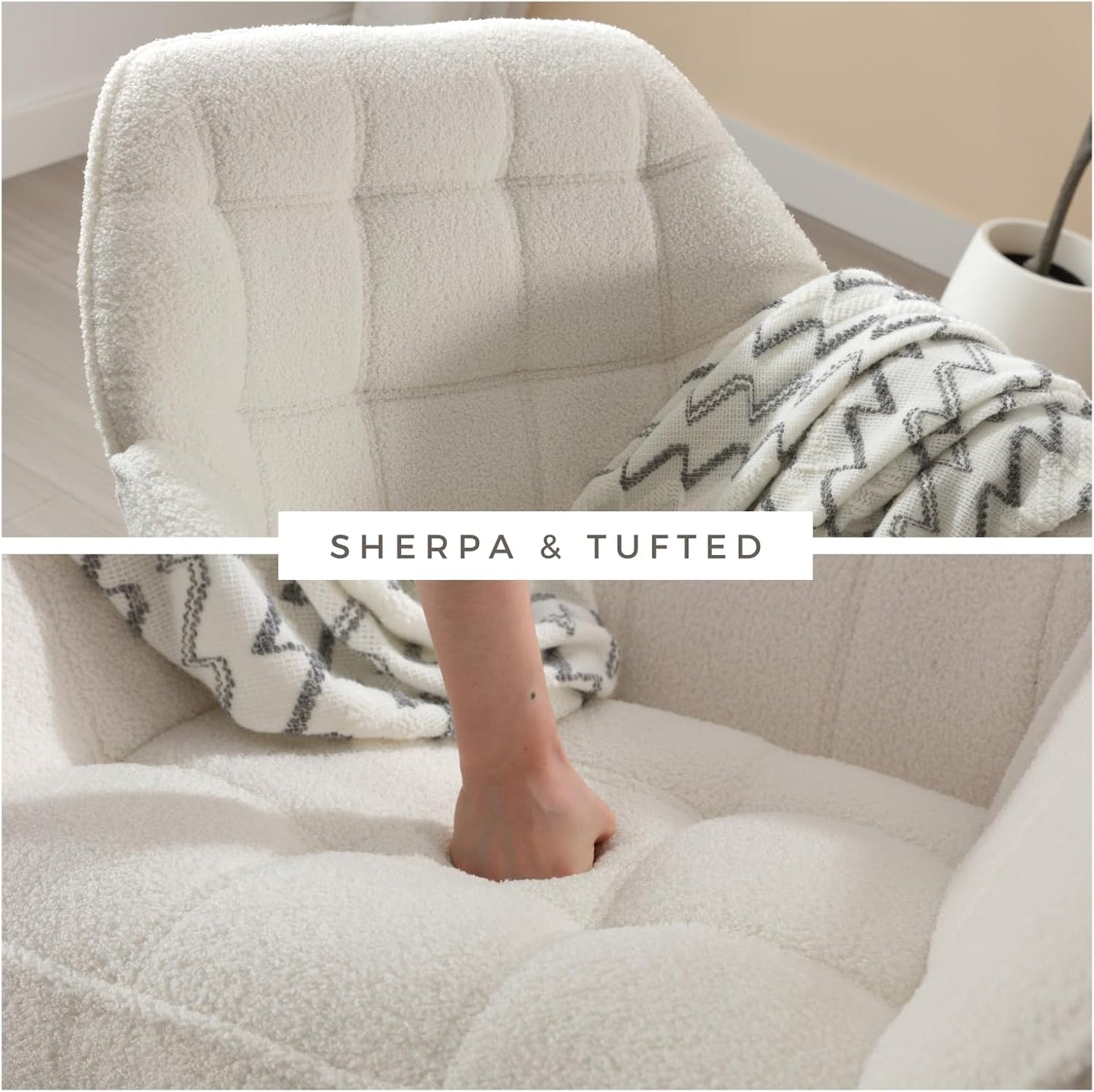 Modern Sherpa Accent Chair with Ottoman Set of 2, Fluffy Upholstered Lounge Chair with Footrest, Comfy Living Room Side Boucle Armchair for Small Space Bedroom, White