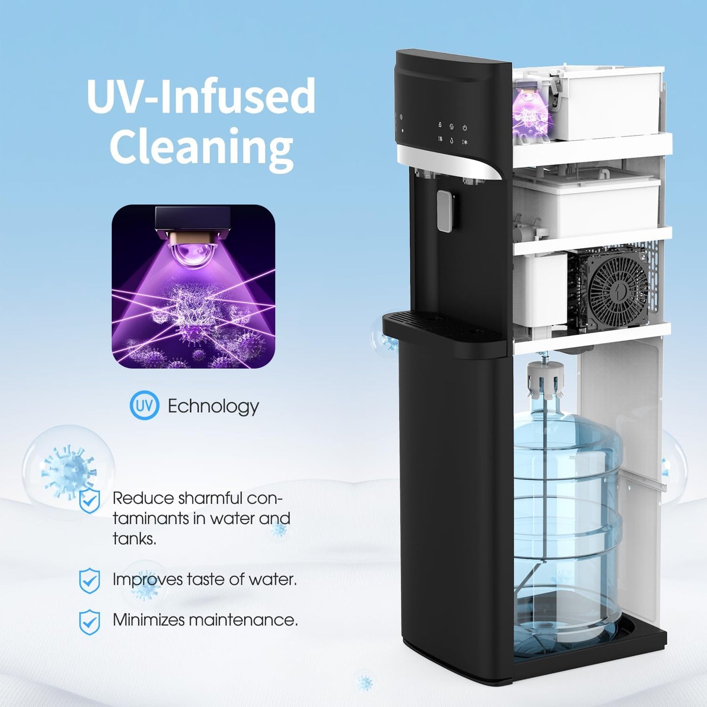 IKT Self-Cleaning Bottom Load Hot and Cold Water Cooler Dispenser with Ice Maker for 5 Gallon Bottle 22lbs Daily Capacity Perfect for Home Black