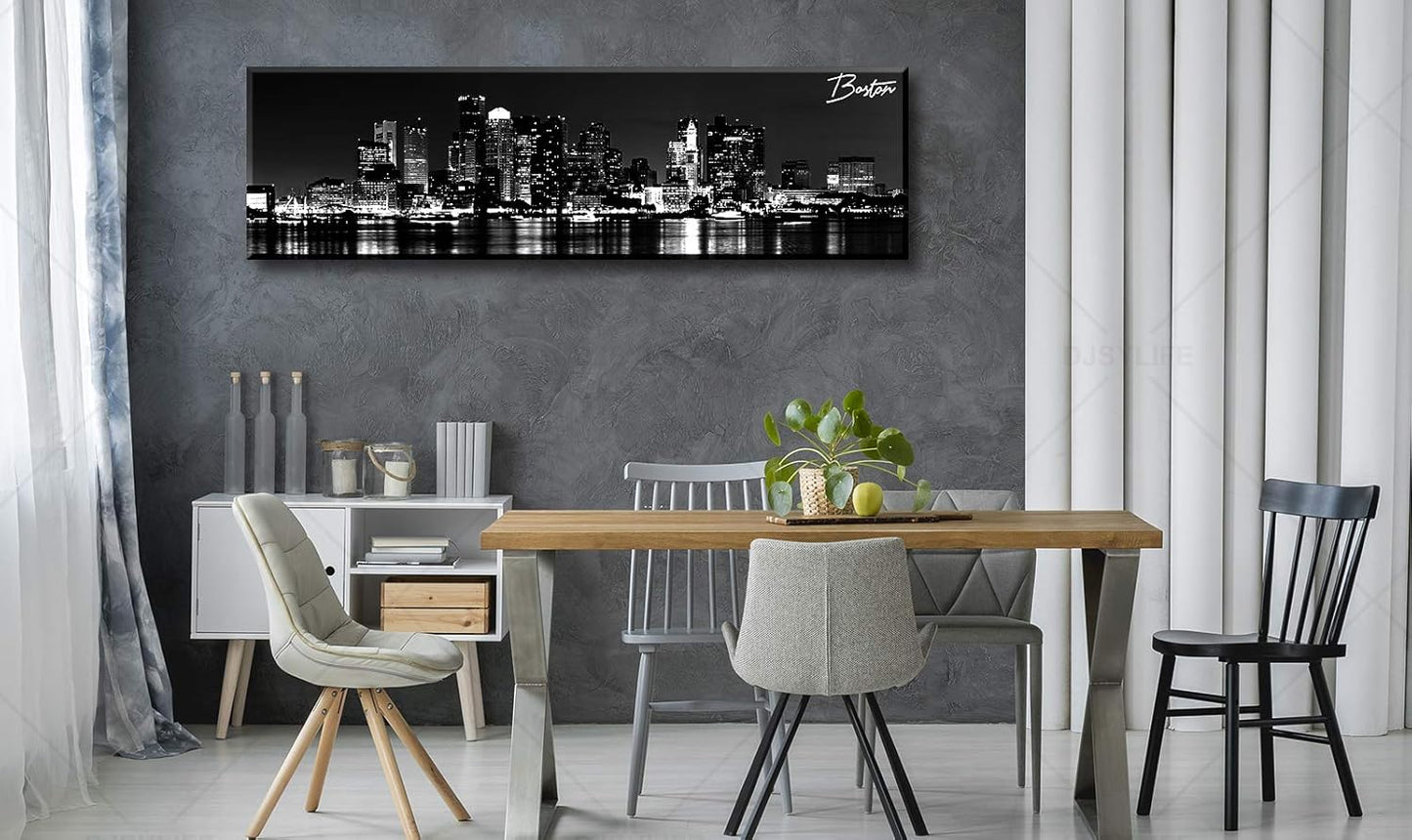 DJSYLIFE Boston Skyline Wall Art Canvas Wall Art Black and White Modern Panoramic Cityscape Pictures Paintings for Bedroom Office Decor, Ready to Hang 13.8"x47.3"