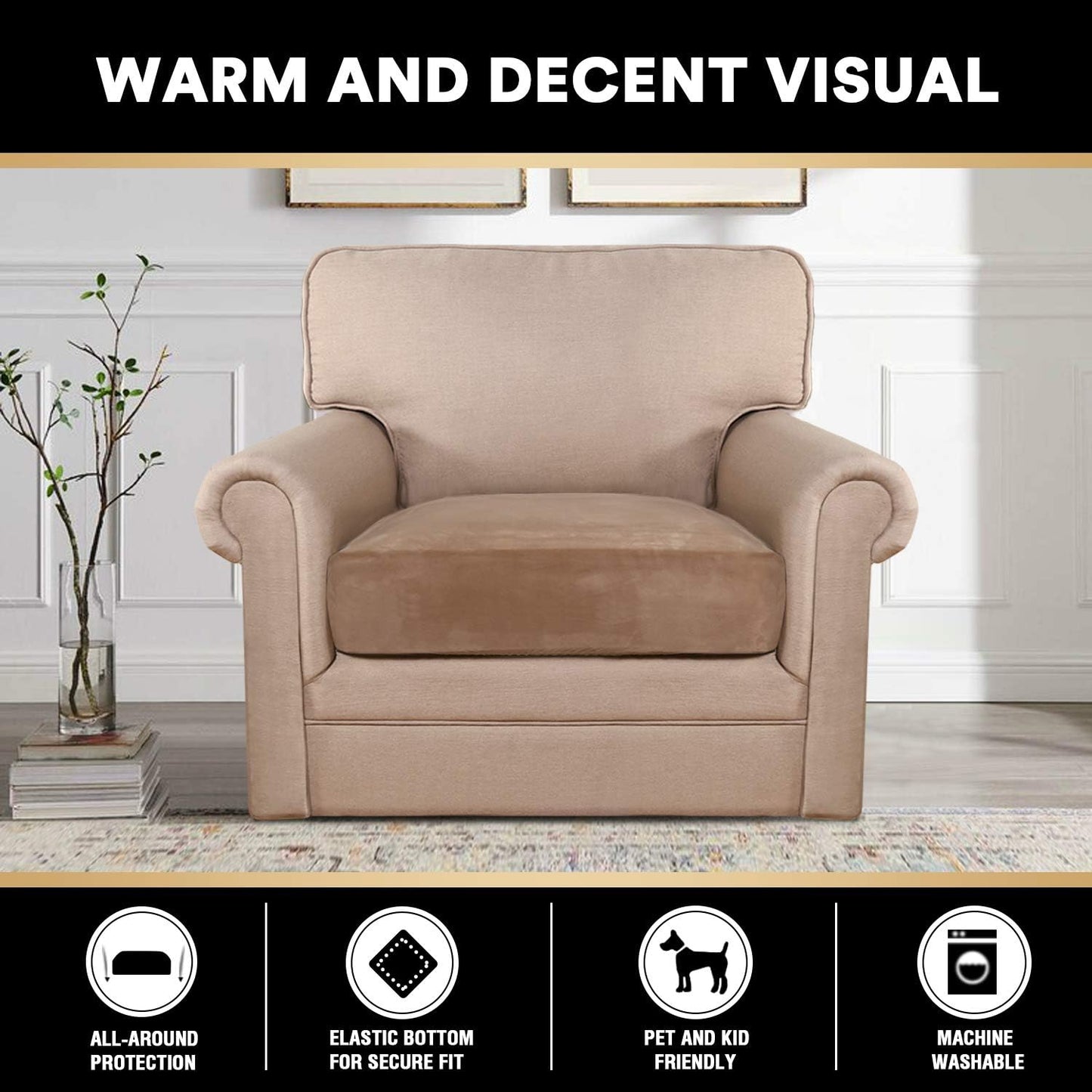 PrinceDeco Stretch Velvet Couch Cushion Cover,Soft Cushion Slipcover for Chair Cushion Furniture Protector Seat Cushion Sofa Cover Width Up to 29.5", Camel