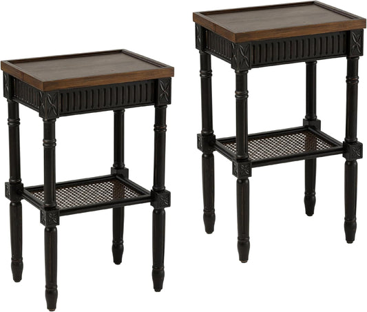 Rustic Farmhouse Cottagecore Accent End Table Set of 2, Distressed Accent Side Table with Espresso Tray Top and Woven Wicker Shelf, Boho, French Country Decor, Square, Weathered Brown & Black