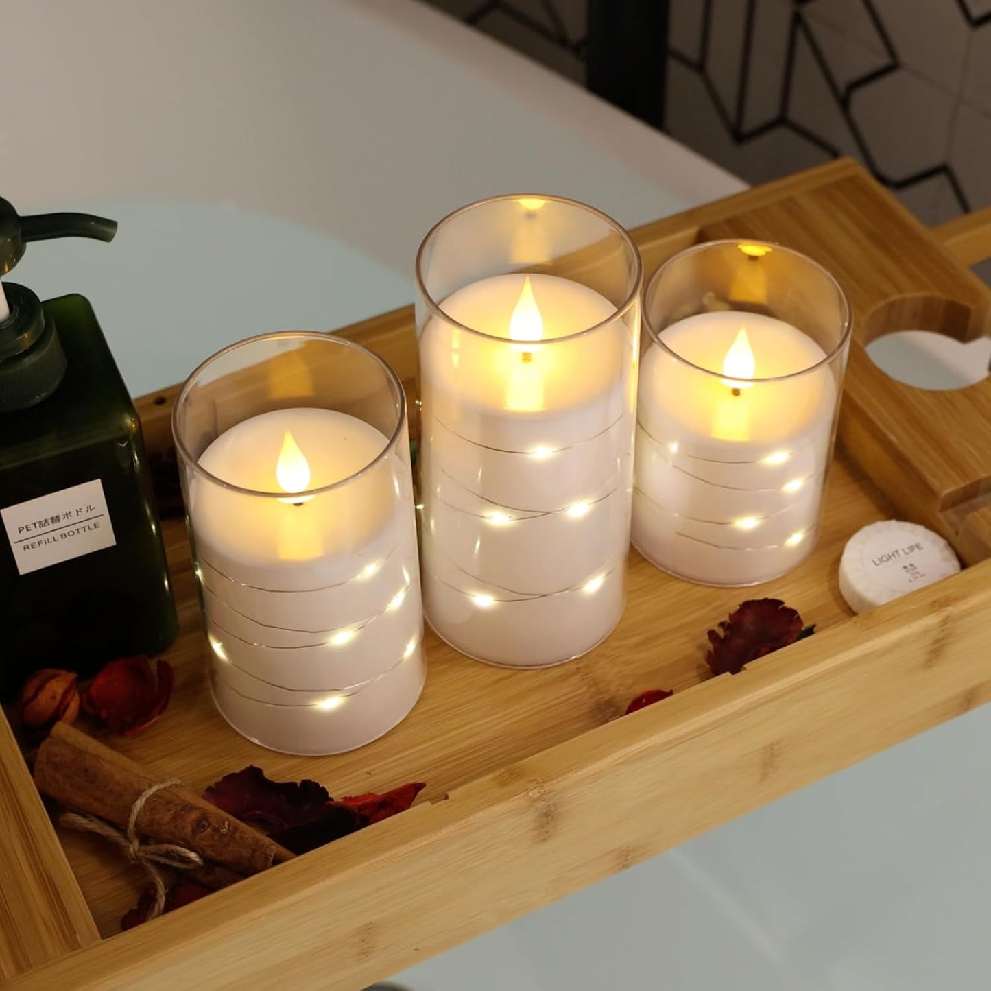 NURADA Flickering Flameless Candles: Built-in Star String Lights Acrylic 3D Wick Battery Operated LED Pillar Candles with Remote and Timer for Romantic Mood Home Decoration - 3 Pack Pure White