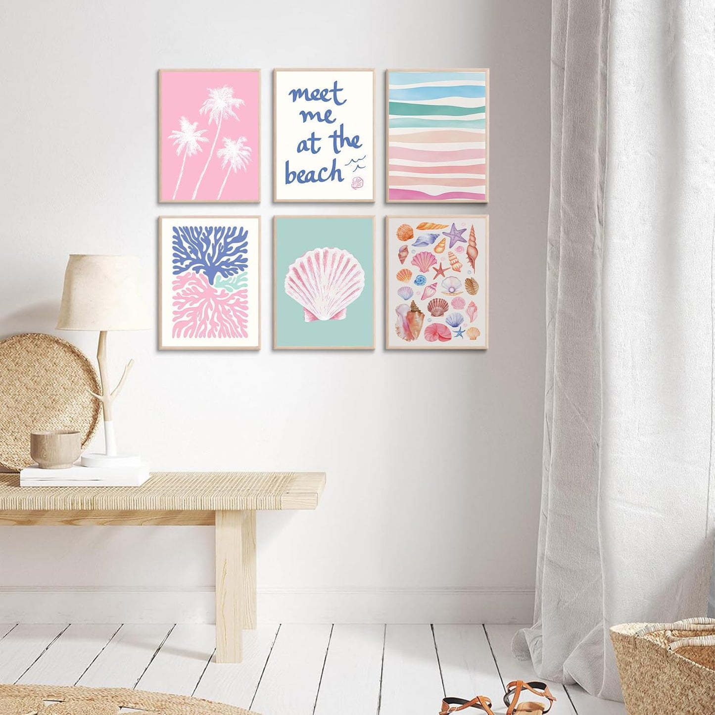 6 Pcs Coastal Beachy Wall Art Tropical Summer Shell Ocean Paintings Prints Posters Trendy Pink Preppy Palm Tree Canvas Wall Decor Aesthetic for Bedroom Living Room Dorm Apartment 8x10inch Unframed