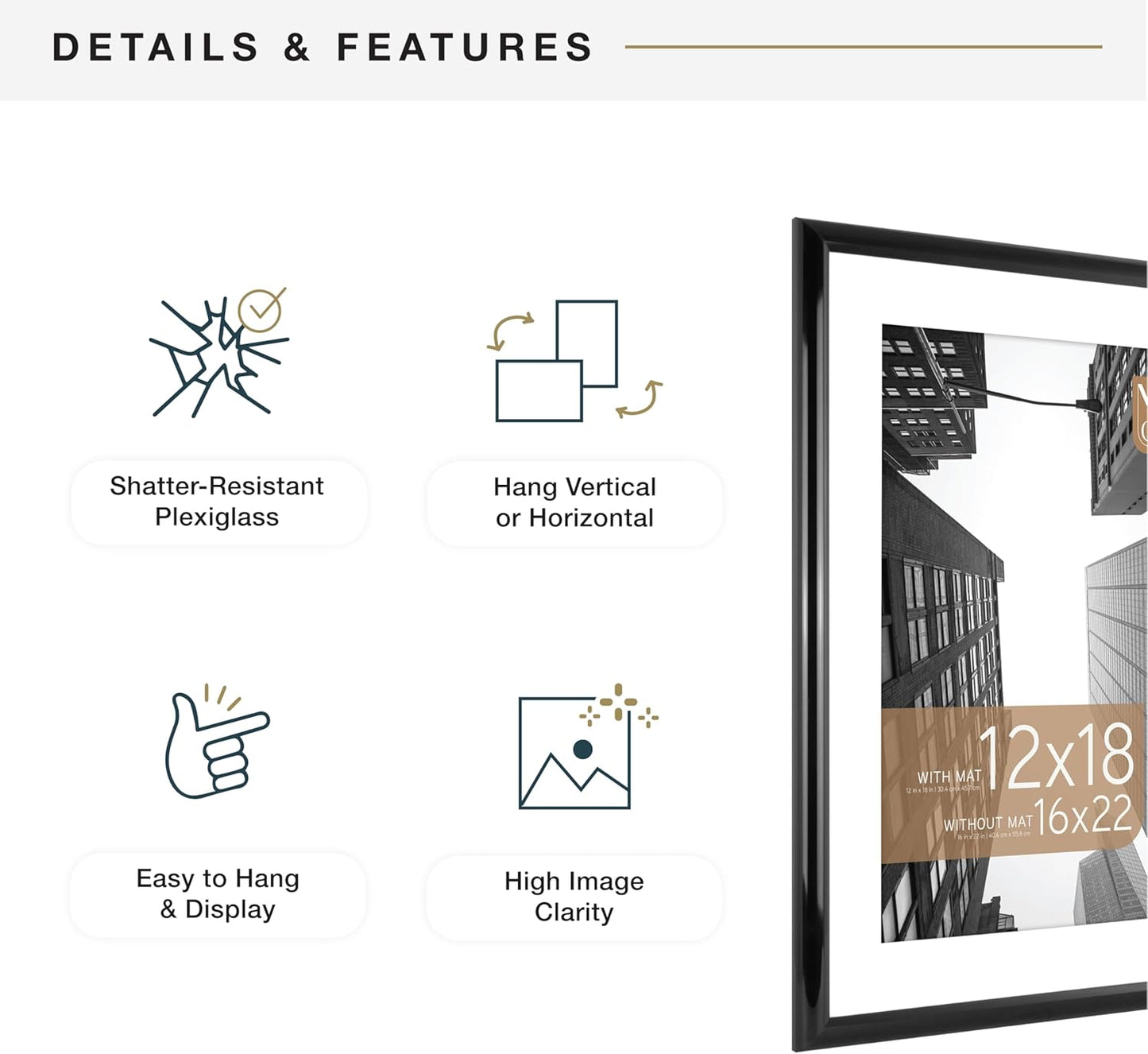 MCS Trendsetter 16x22 Matted Poster Frame with 12x18 Picture Display, Black Vertical & Horizontal Wall Hanging Large Picture Frame for Photos & Posters (1-Pack)