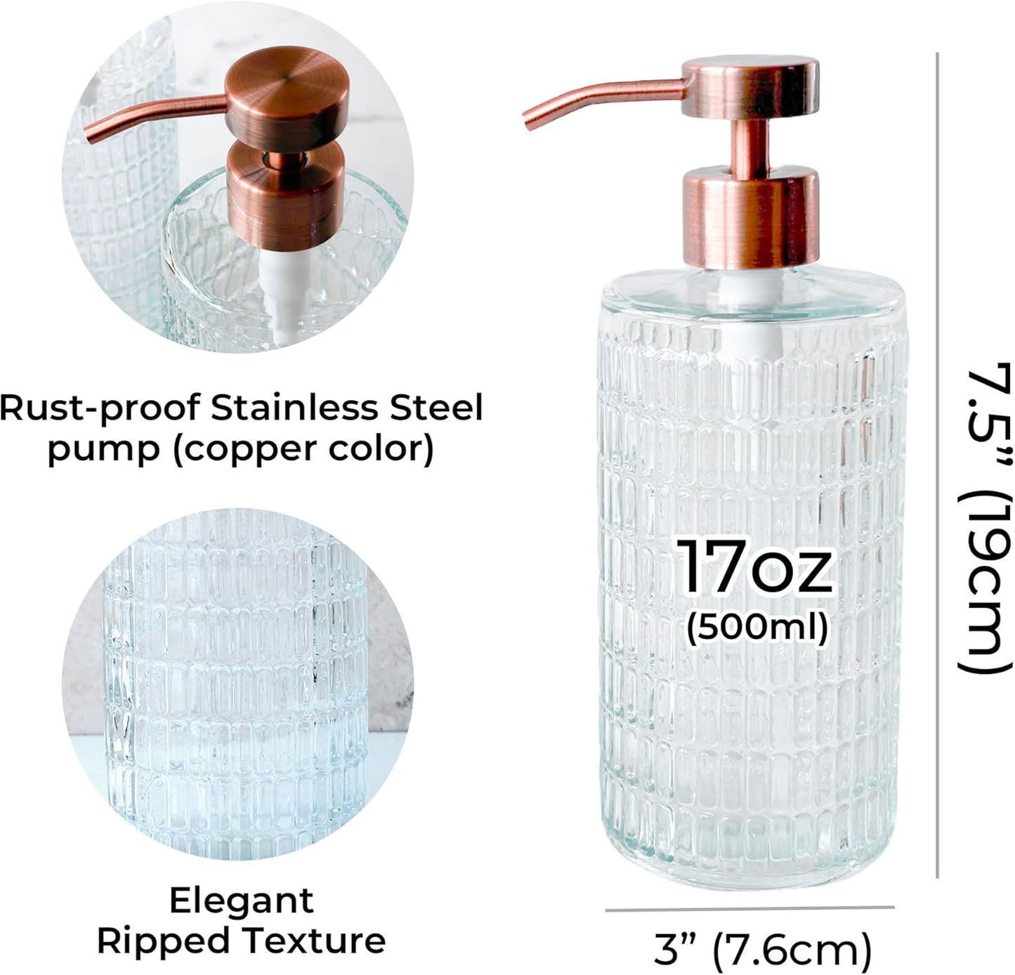 Lunestella Elegant Fluted Glass Dispenser with Stainless Steel Pump, 17oz, Decorative Bottle for Bathroom and Kitchen (Copper)