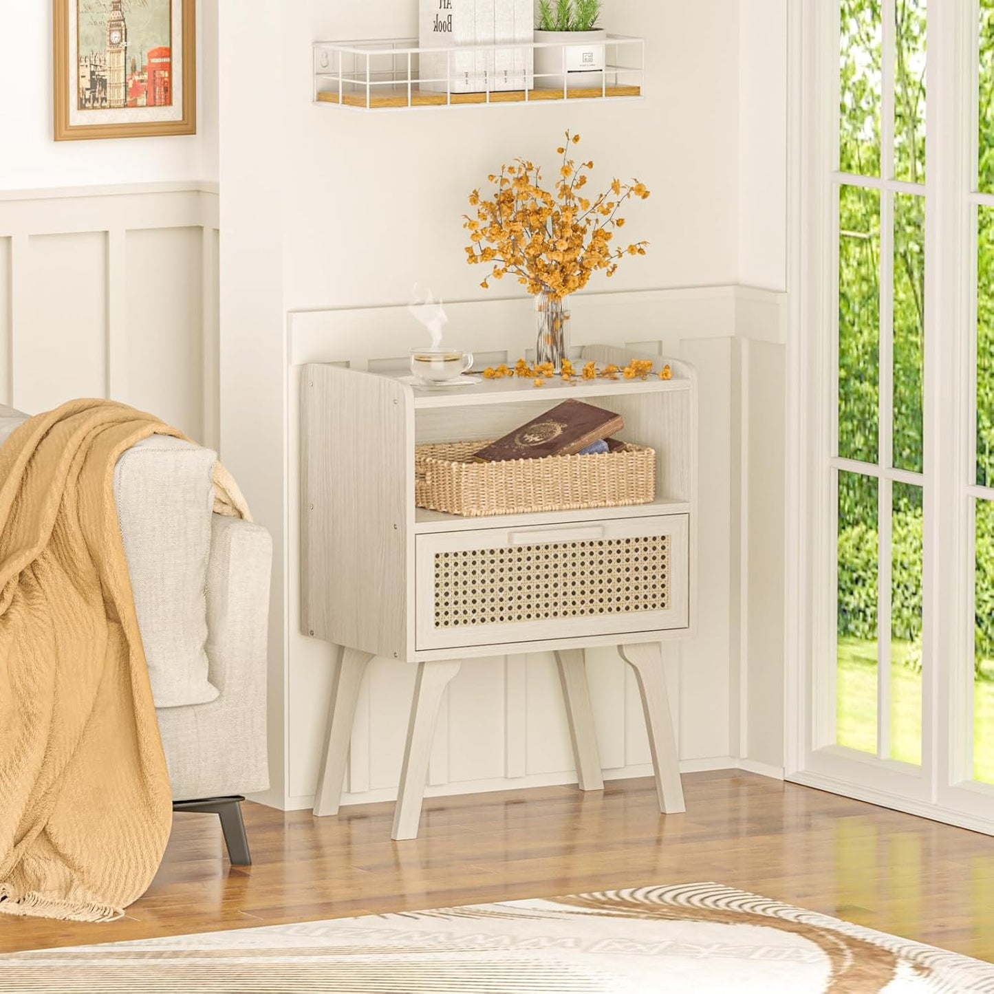 Lerliuo Rattan Nightstands Set of 2, Side Table with Drawer Open Shelf, Cane Accent Bedside End Table, Mid Century Modern Night Stand for Bedroom, Dorm and Small Spaces (Grey White)