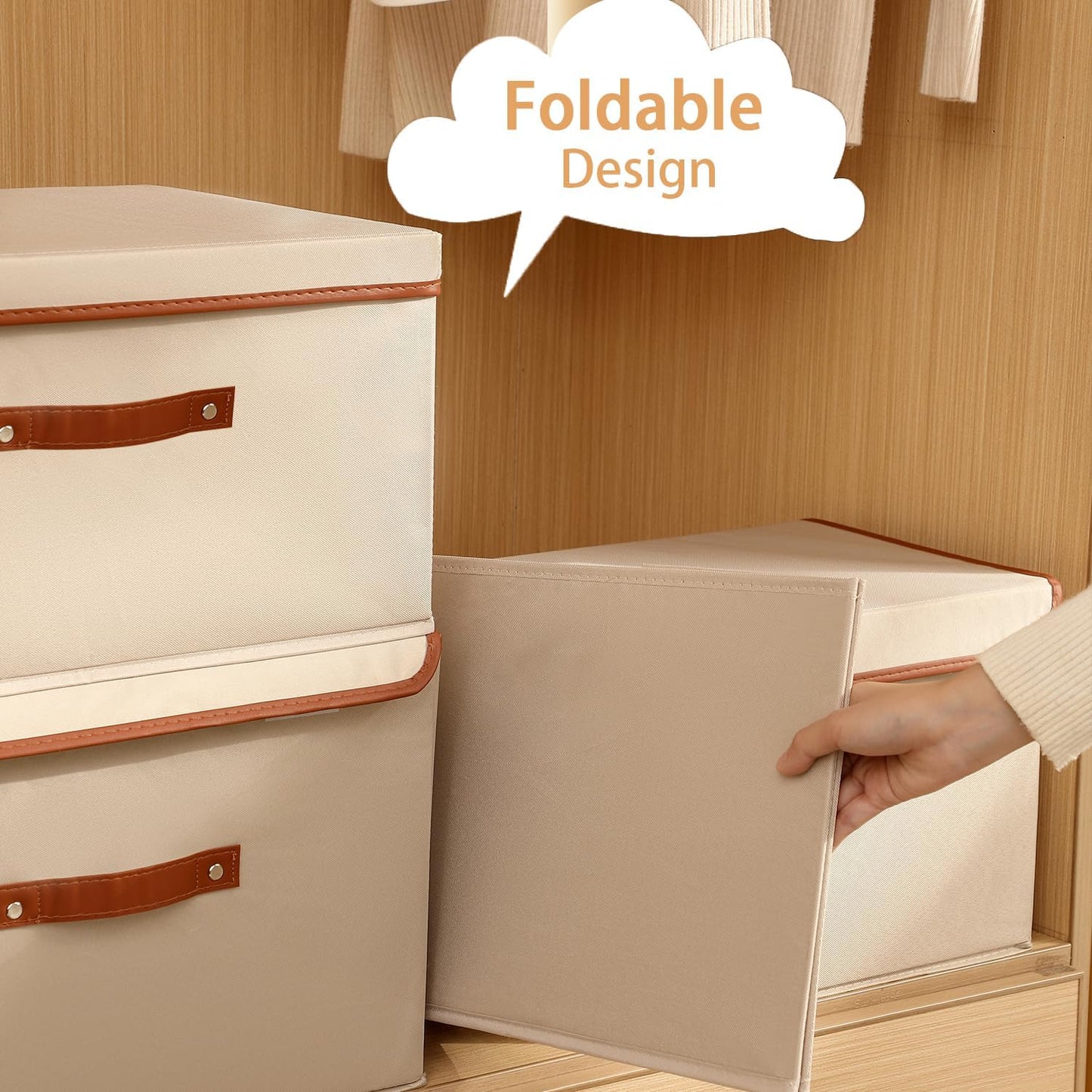 Tuza 4 Pack Large Fabric Storage Bins with Lids, Foldable Storage Boxes with Lids for Organizing, Decorative Storage Boxes with Handles for Home, Bedroom, Closet, Office(Khaki, Extra Large)