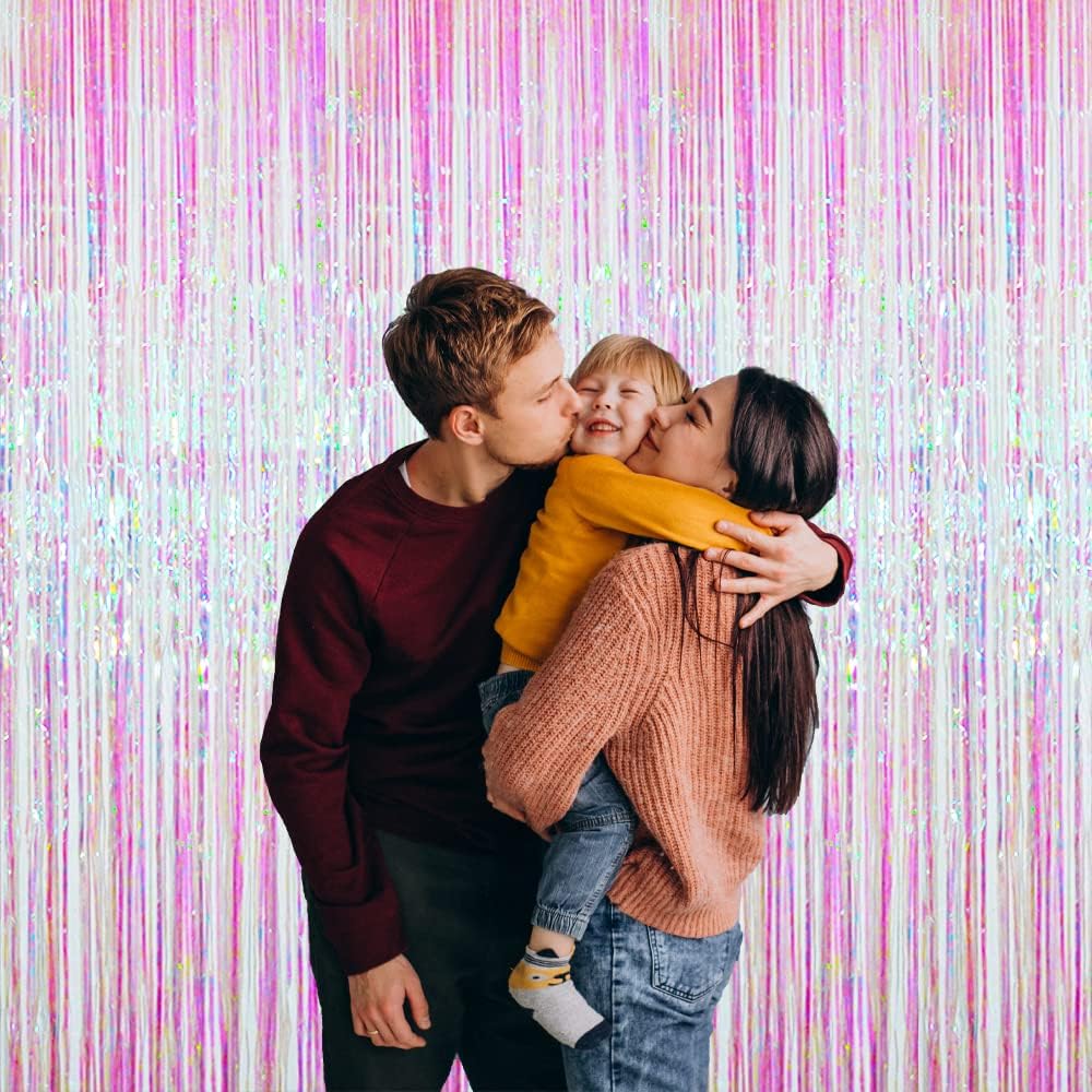 GOER 3.2 ft x 9.8 ft Metallic Tinsel Foil Fringe Curtains Party Photo Backdrop Party Streamers for Birthday,Graduation,New Year Eve Decorations Wedding Decor (4 Packs,Iridescent)