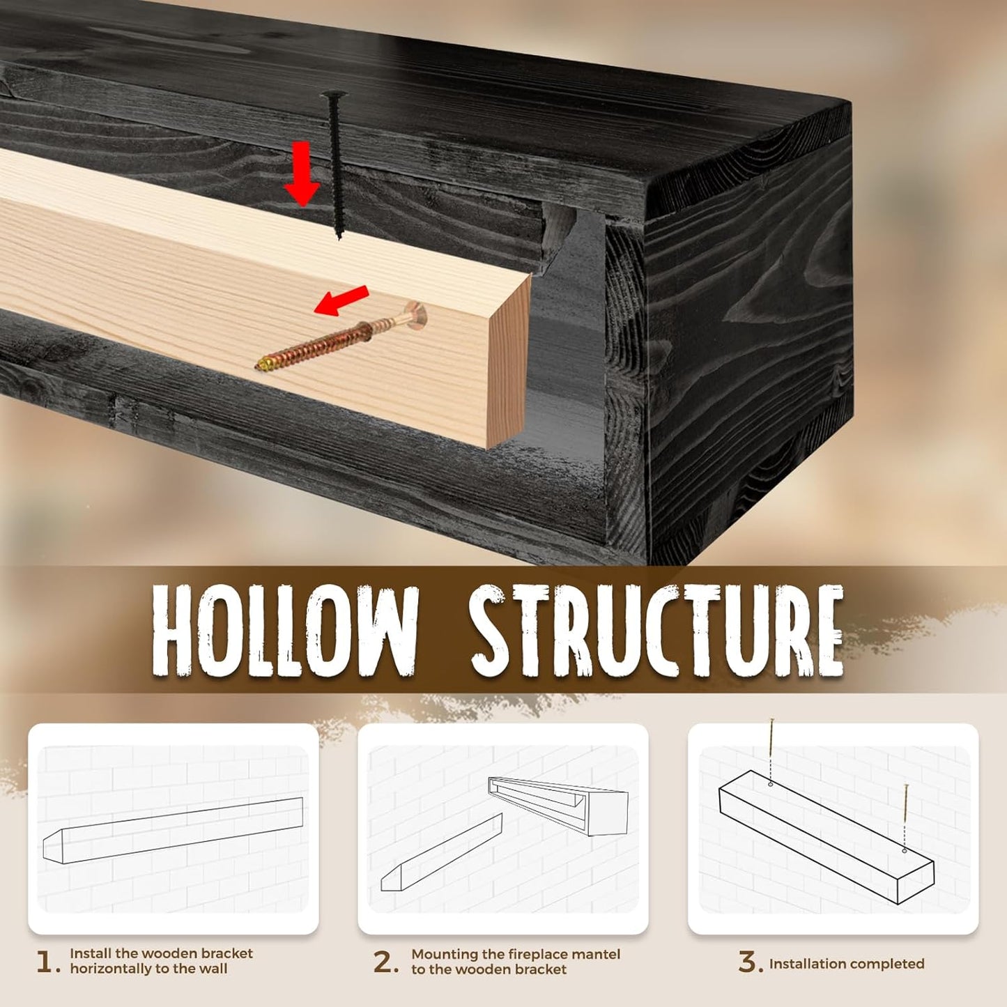 72x8x5 Fireplace Mantel - Handcrafted Hollow Rustic Solid Wood Wall Mounted Floating Shelf with Invisible Heavy Duty Wood Bracket (Weathered Black)