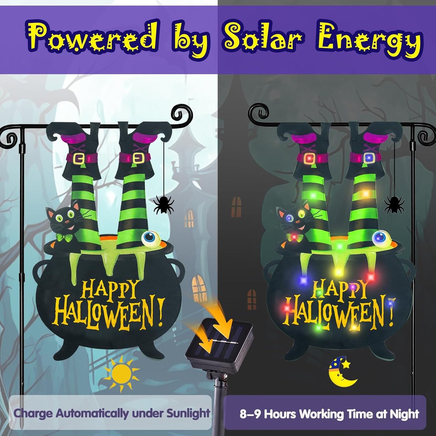 Halloween Lighted Garden Flag for Outside, Witch Feet Shape Flag Yard Decor, 8 Modes 28x40 Double Sided Cauldron Eyeball Black Cat Outdoor Hlloween Decorations for Home Porch（Multi Colored-28x40）