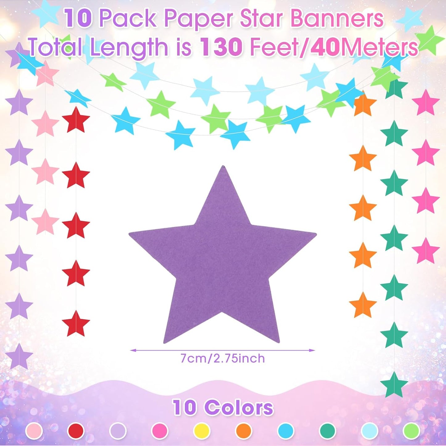 Patelai Glitter Star Garland Banner Decor 130 Feet Star Hanging Bunting Banner Twinkle Backdrop for Homecoming Classroom Wedding Birthday Halloween Christmas Party Supplies(Rainbow)