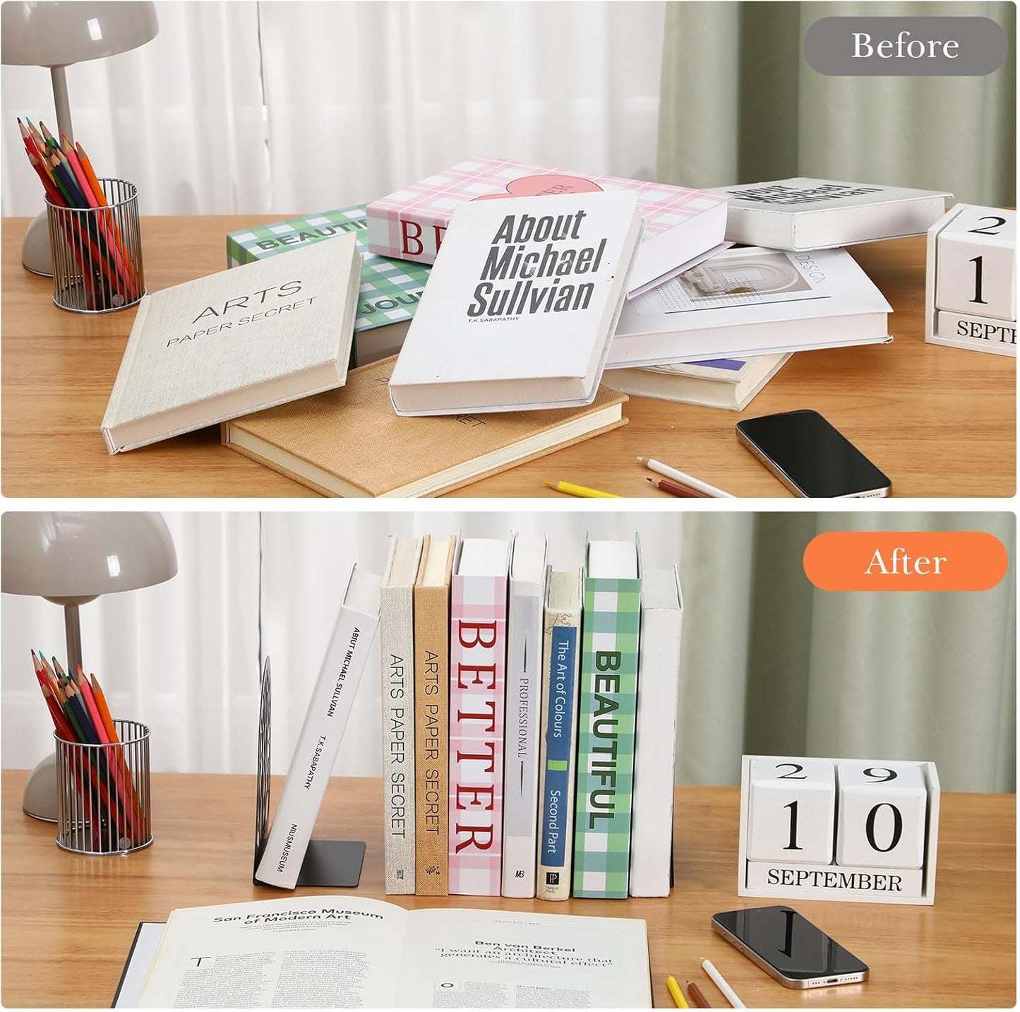 Faccito 5 Pairs Book Ends, Black Metal Bookends for Shelves Decorative, Non Skid Tree Stopper and Flower Shelf Holder for Heavy Books, Home Office School Supplies (Classic)