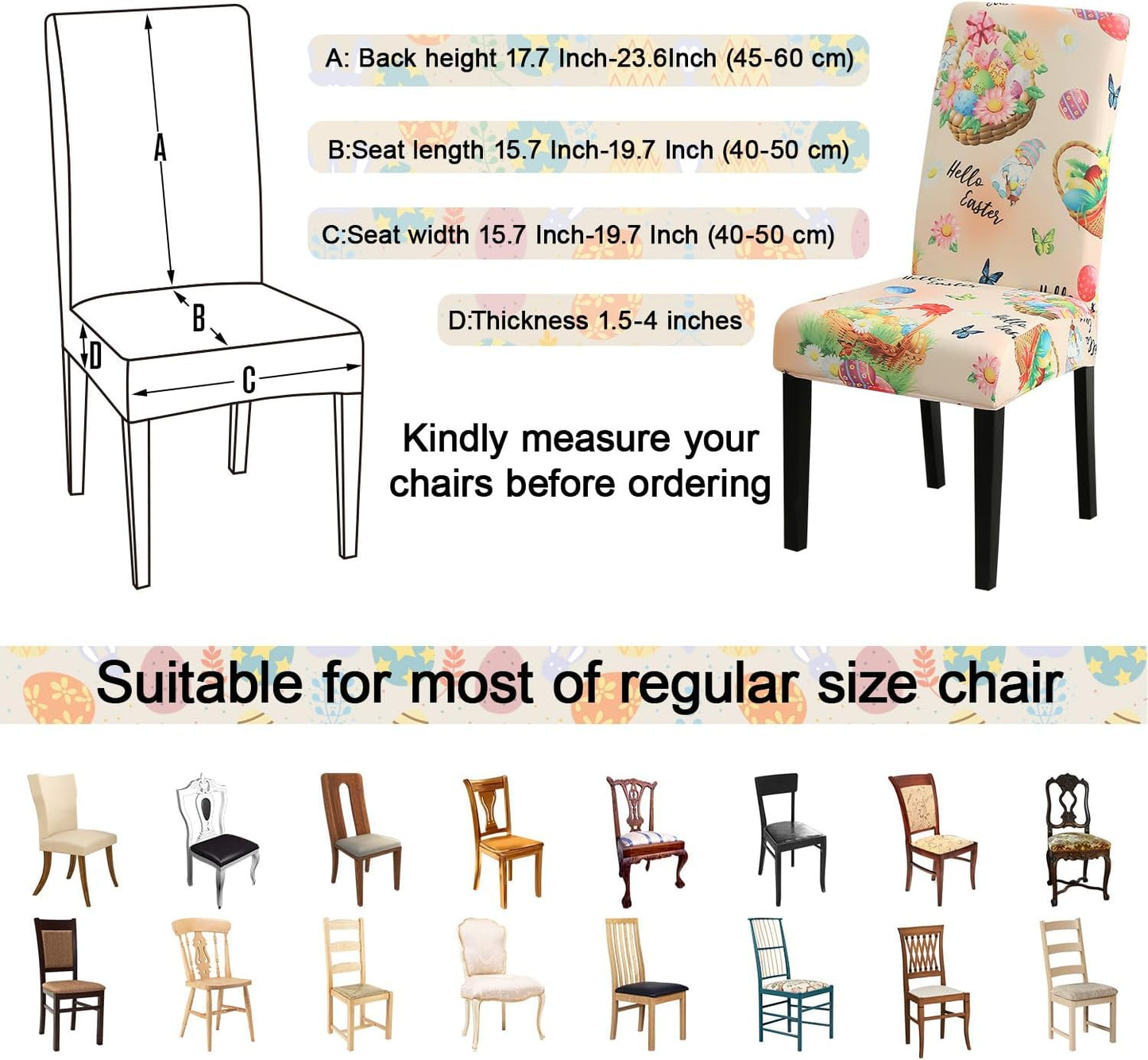 JQinHome Easter Chair Covers Set of 6,High Stretch Removable Washable Chair Seat Protector Cover for Easter Decoration-Easter Theme Decor with Easter Egg Basket