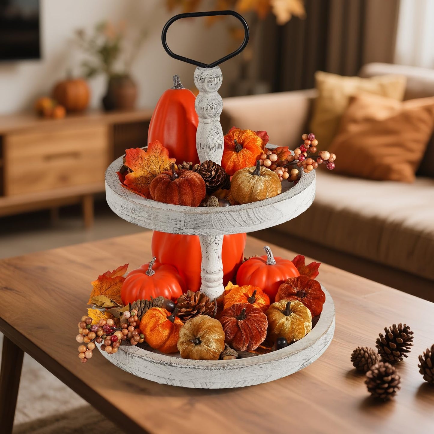Artmag 51 PCS Artificial Fabric Pumpkins, Fall Harvest Decorations with Acorns, Pinecones, Berries, Maple Leaves for Fall Thansgiving Halloween Decoration