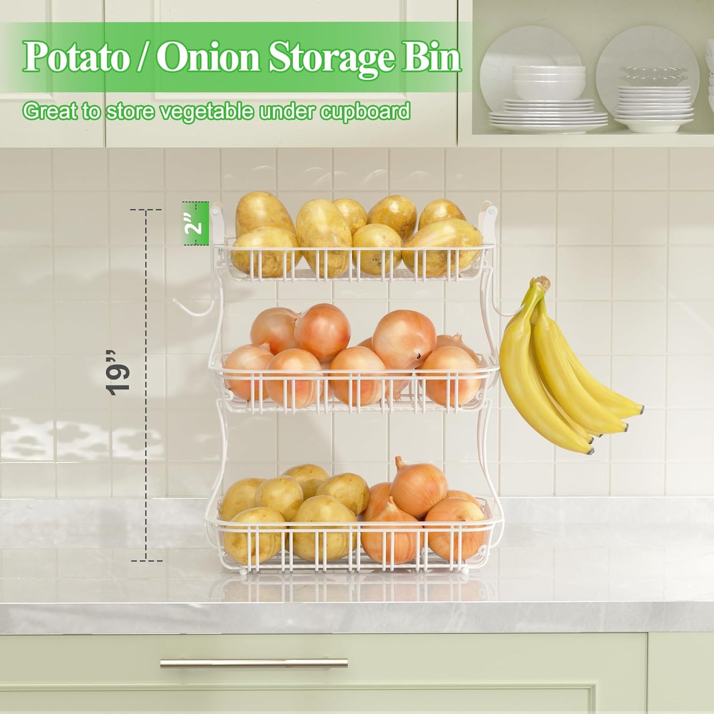 3 Tier Fruit Basket with 2 Banana Hooks, Large Capacity Multifunctional Detachable Sturdy Fruit Bowl with Wooden Handle Mesh Top for Kitchen Counter, for Bread Snacks Vegetables Produce, White