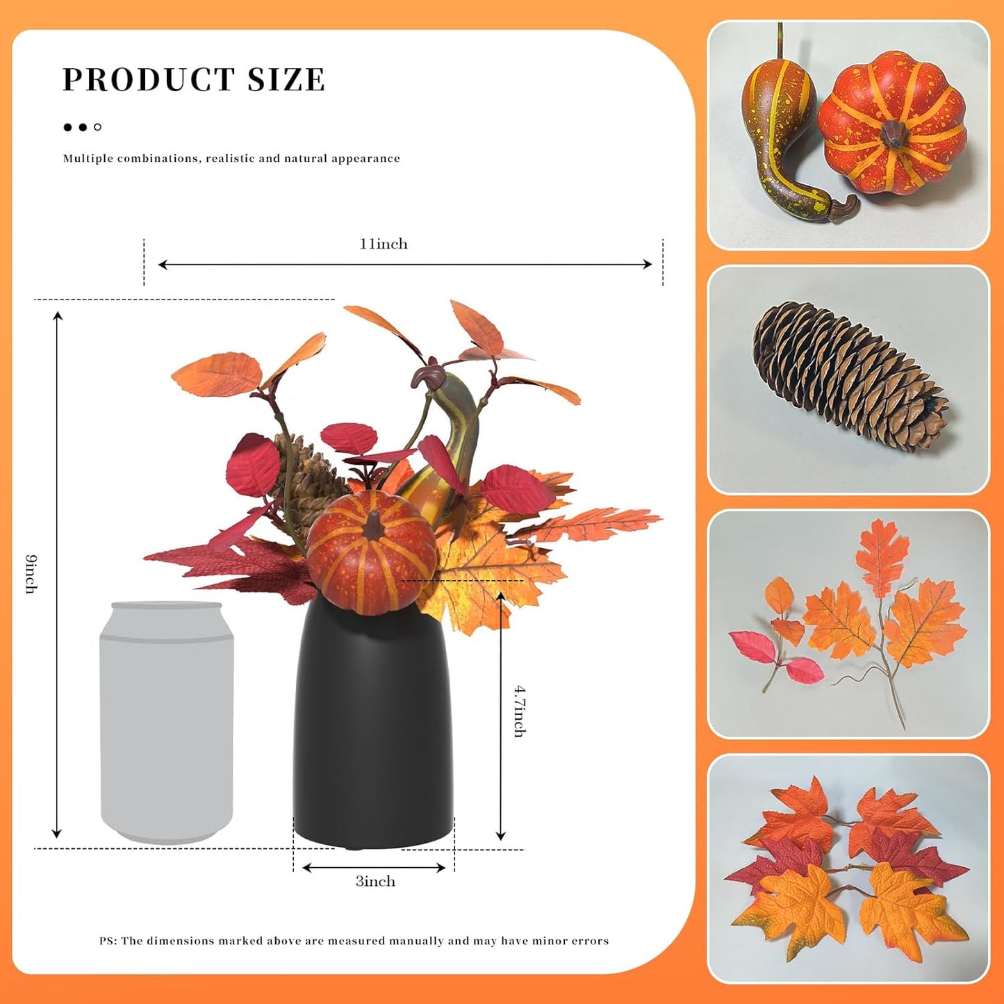 Autumn Artificial Potted Plant Decorations, Maple Leaves, Pinecones, Pumpkins with Black Ceramic Vase for Home,Thankgiving Table Decoration