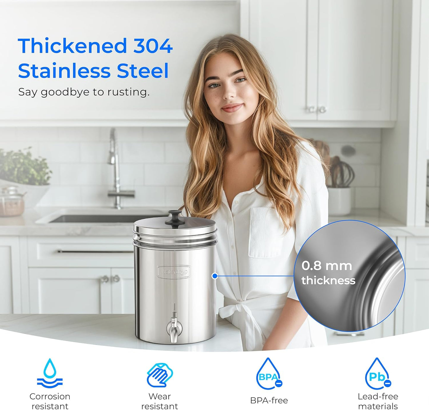 Waterdrop 2.25G Gravity-fed Water Filter System, with Silver Ions Enhanced Filtration with 2 Black Carbon Filters and Metal Spigot