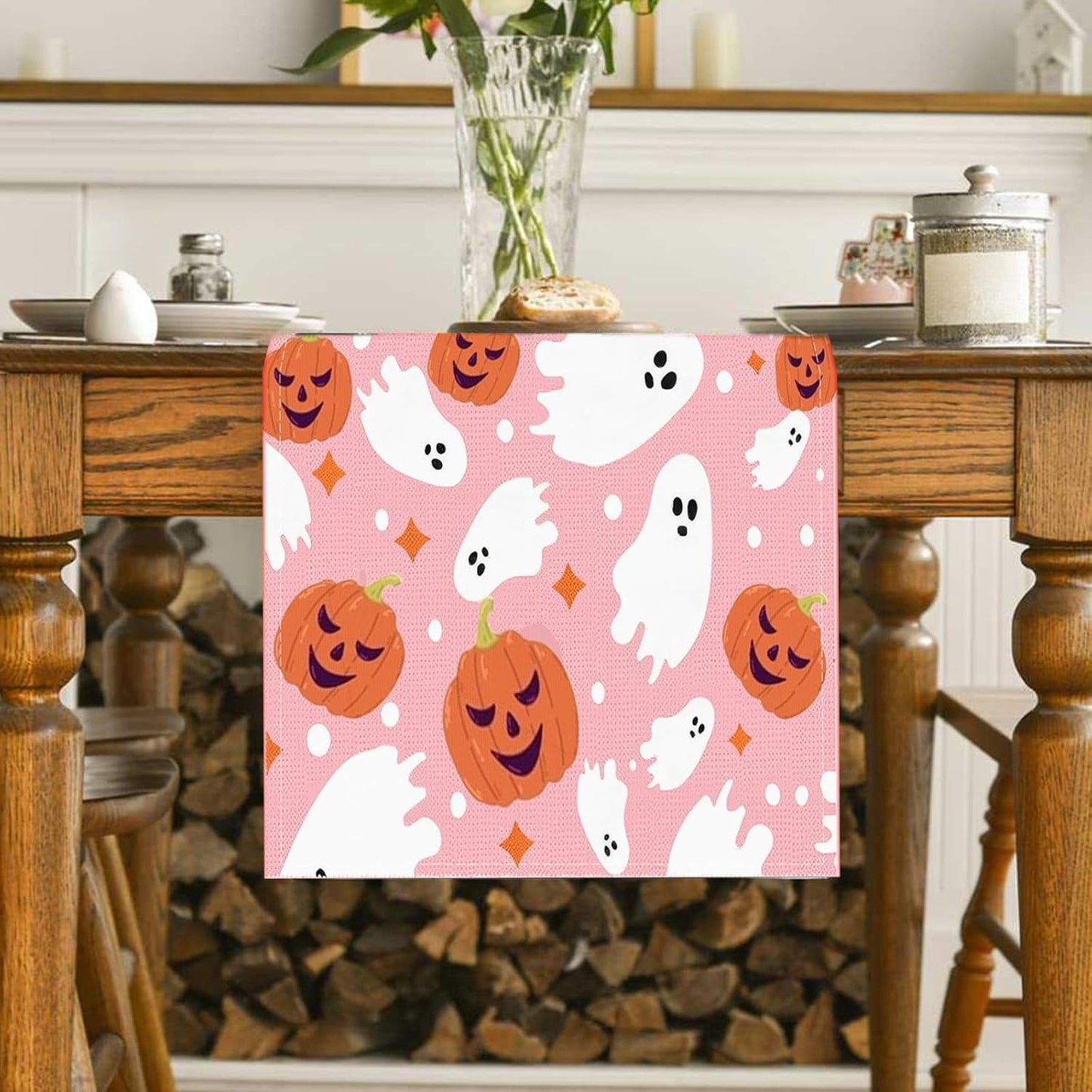 Halloween Table Runner Cute Spooky Ghost Pumpkin Table Linen Runner Pink Kitchen Dining Decoration Holiday Halloween Table Decoration for Holiday Indoor Outdoor Home Party Decor 13x72 Inch
