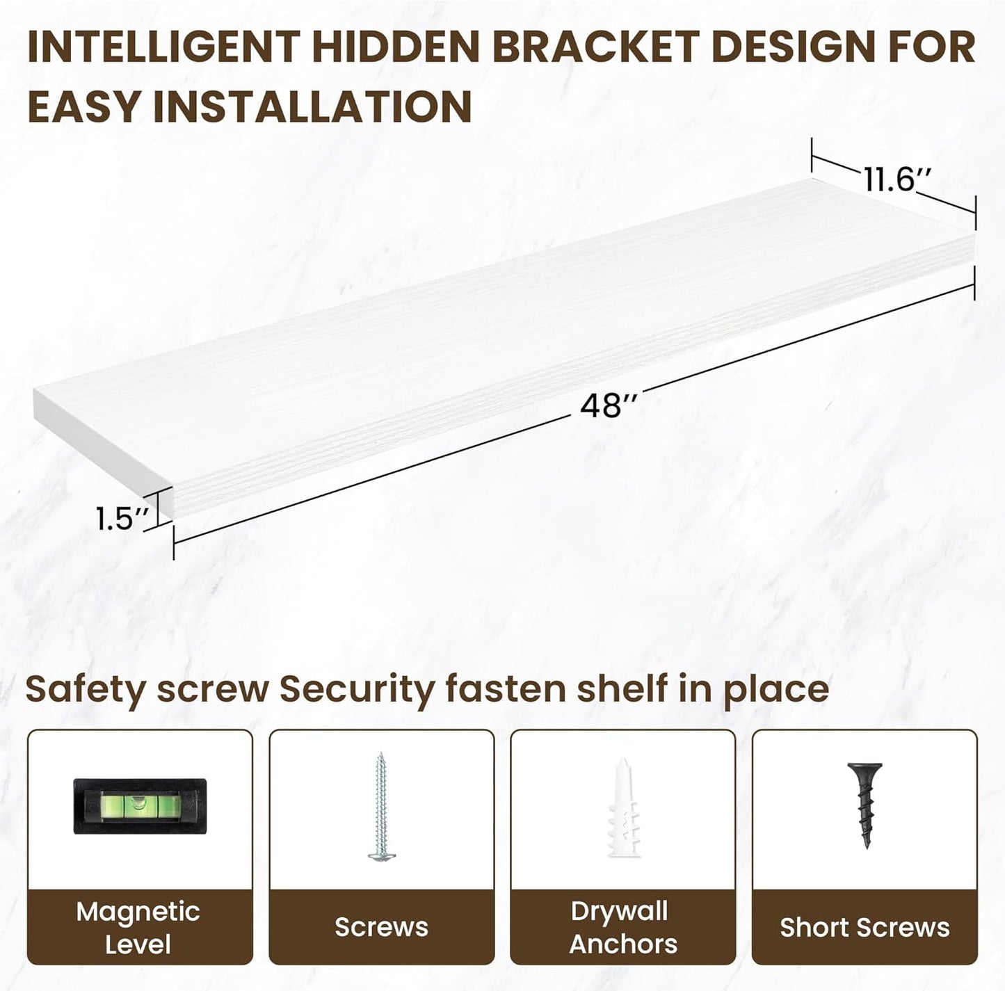 48 Inch Floating Shelves, 11.6 Inch Deep Floating Shelves for Wall, Floating Shelf with Invisible Brackets, Deep Shelves for Bathroom, Bedroom, Living Room, 1 Pack, White