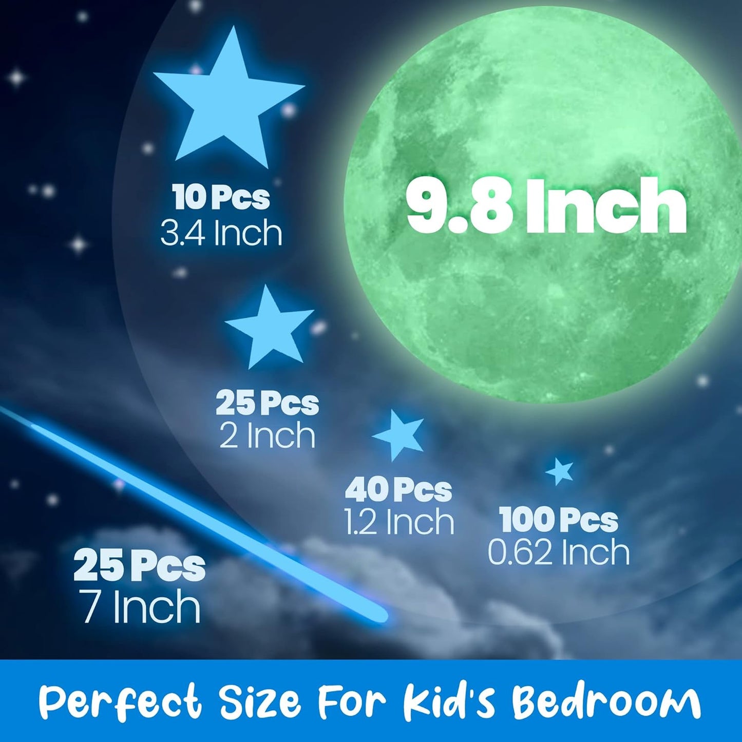 Glow in The Dark Stars and Moon for Ceiling, Luminous Stars and Moon Wall Decal, Wall Decor, Sticky Fluorescence Stars, Gift for boy and Girl Perfect for Kids Nursery Bedroom Living Room(Blue)