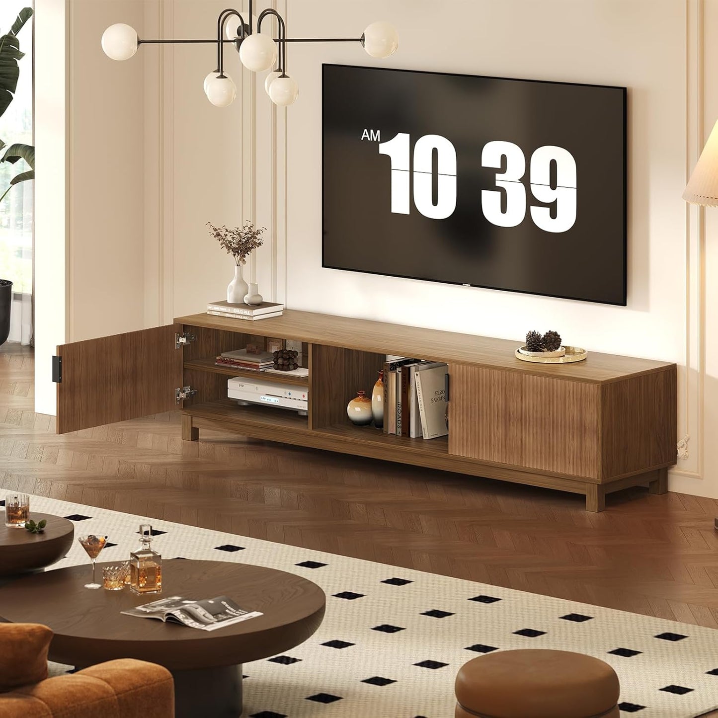 GarveeHome 70" Long TV Stand for Living Room, Mid Century Modern Entertainment Centerfor TVs Up to 80 Inches, TV Console with Fluted Doors & Open Storage Compartment for Livingroom Bedroom- Walnut