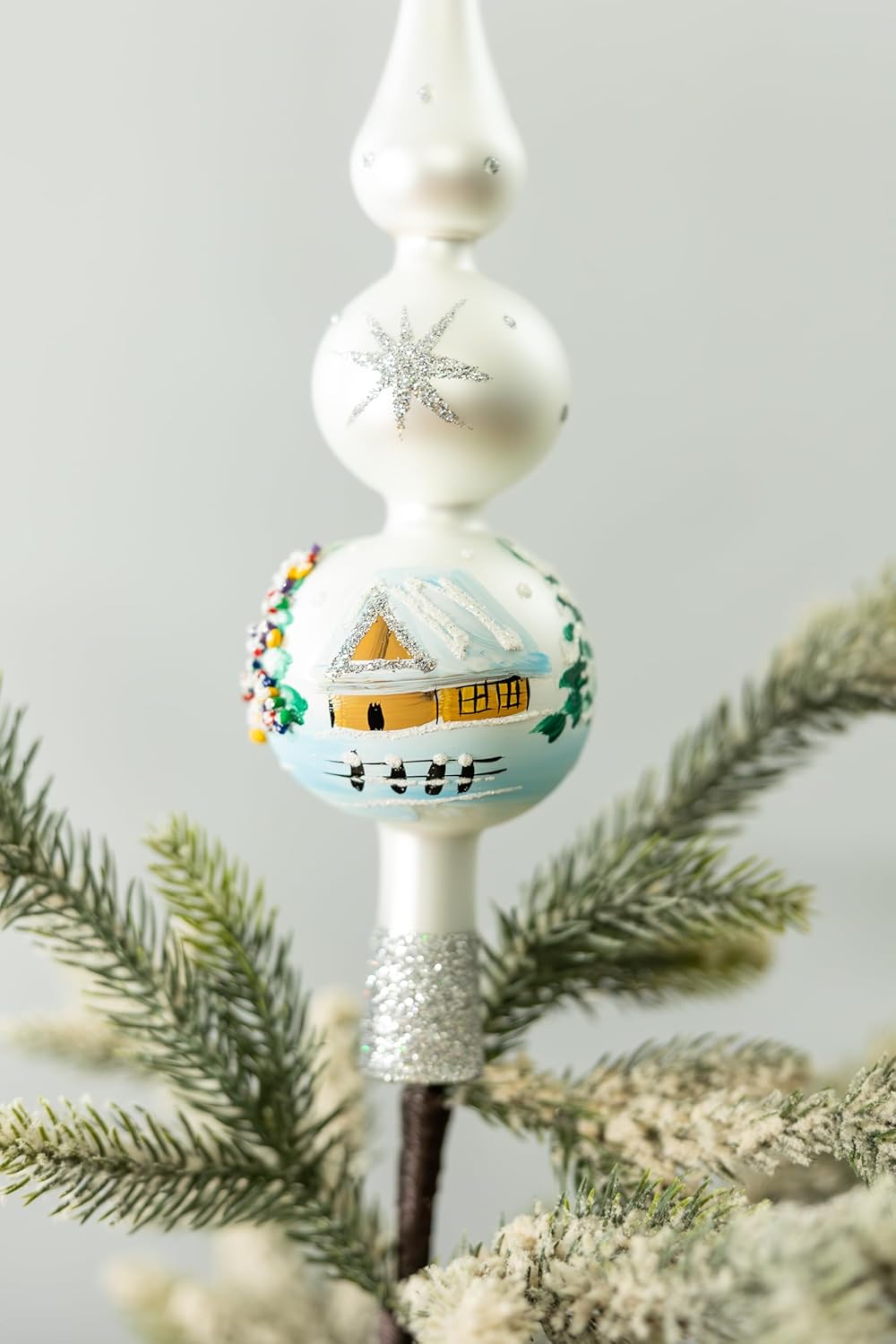 Christmas Tree Topper Spitz Glass Mouth Blown Hand-Decorated Embellishments (Silver, 12 inch)