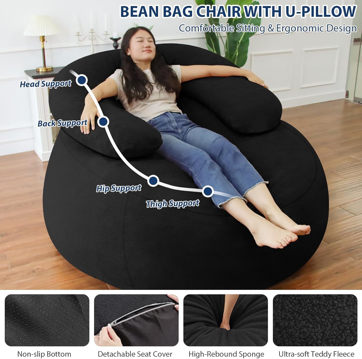 HABUTWAY Bean Bag Chair with U-Shaped Pillow for Adult and Kids Big BeanBag Chair with Filling Ultra Soft Teddy Fleece Couch Chair with Washable Cover for Living Room Bedroom Office, Black & Black