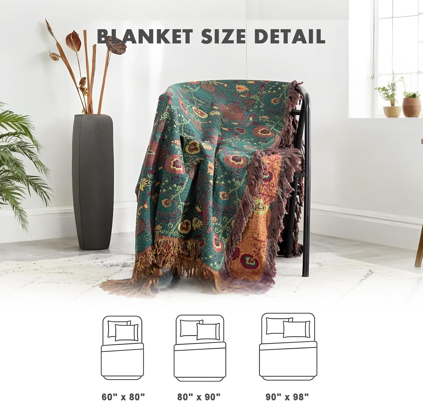 MSGKV Boho Throw Blanket for Couch and Sofa Cotton Blankets for Living Room Bedroom Reversable Florals Throw 60"x80" Breathable Cozy Blankets