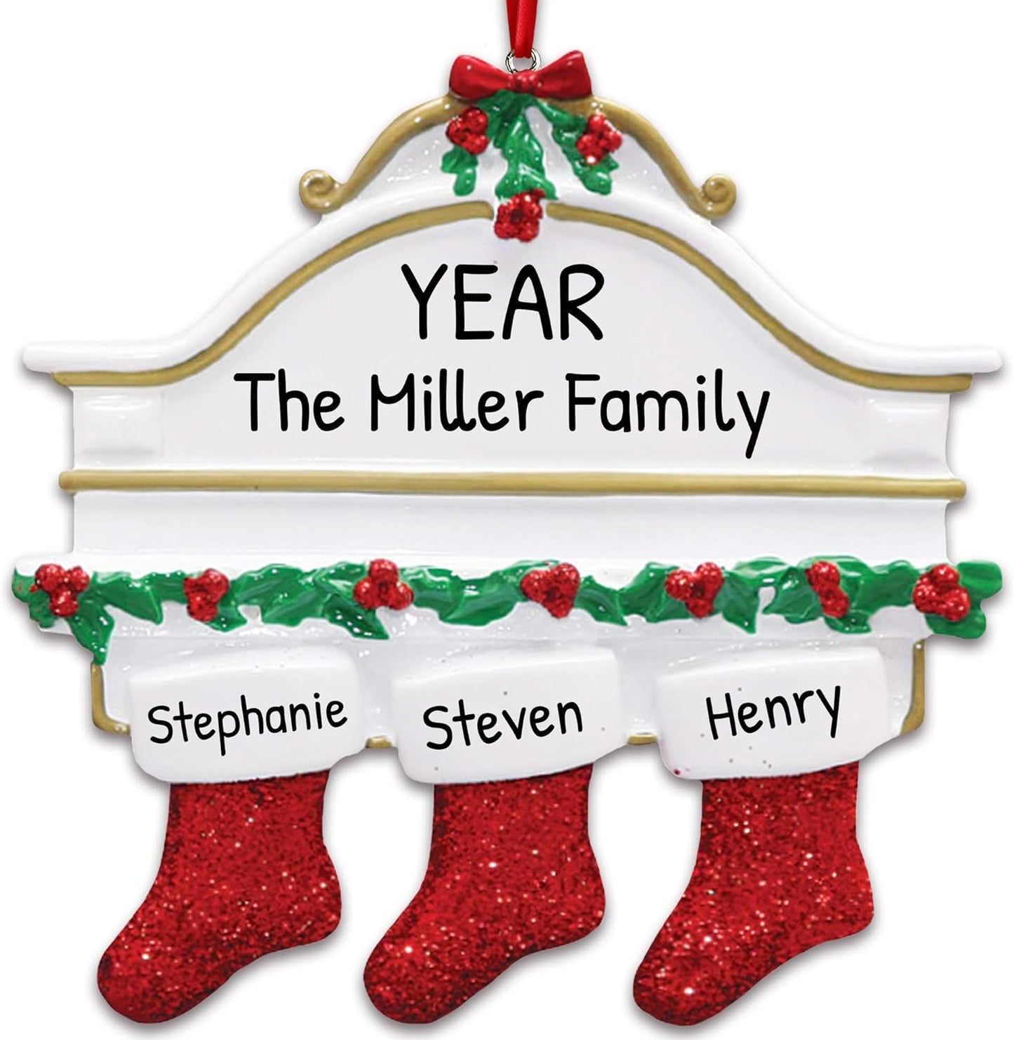 3D White Mantle Family of 3 Christmas Ornament 2025 Personalized Family Christmas Ornaments 2025 | Garland Fireplace Personalized Tree Ornaments Customizable Gifts Red Stockings of Three Ornament