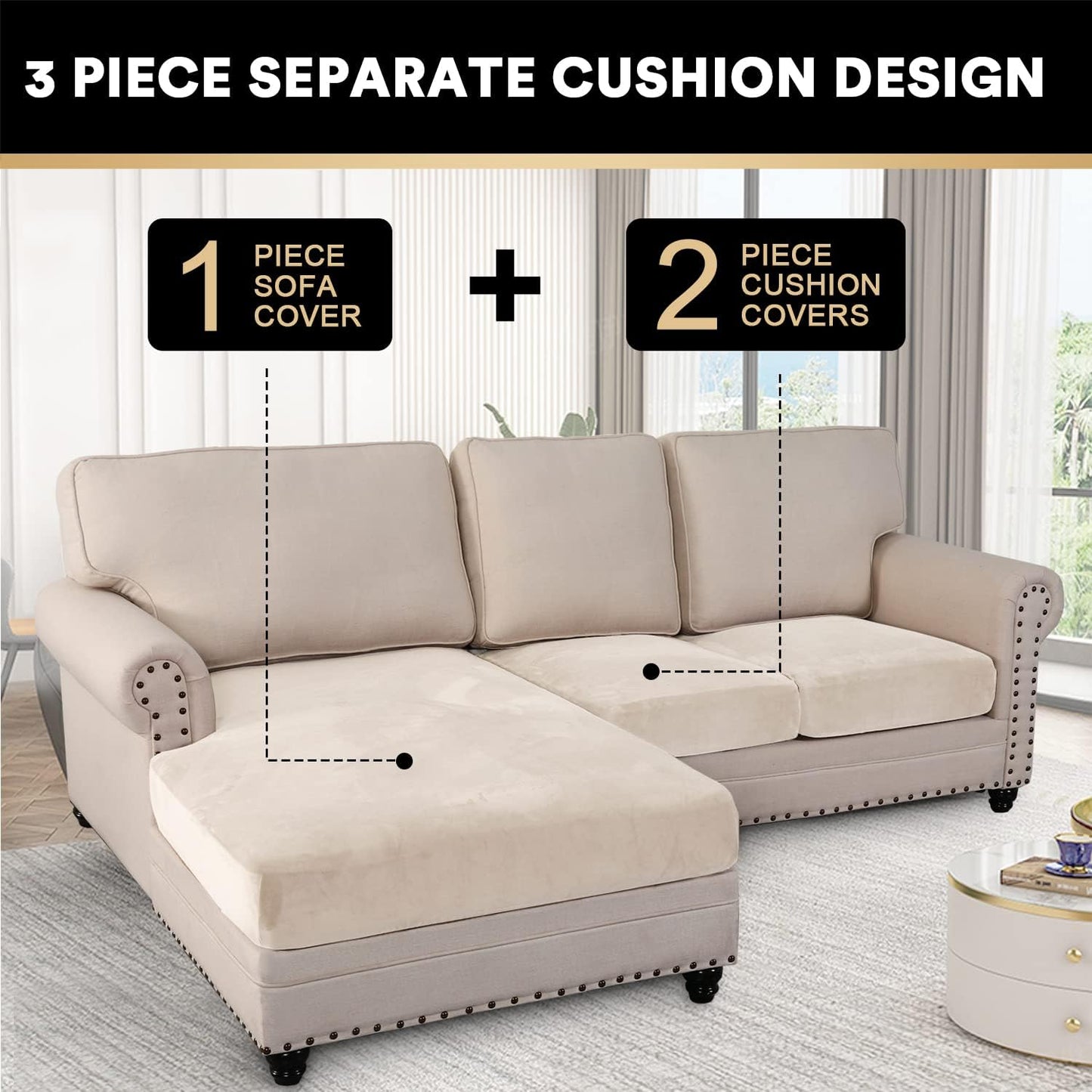 PrinceDeco Sectional Couch Covers 3 Pieces Velvet Sofa Covers L Shape Soft Couch Covers for Sectional Sofa Corner Sofa Cover Couch Cover for Dogs Washable (2 Seater + 1 Chaise,Ivory)