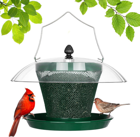 Veehoo Bird Feeders for Outdoors Hanging-Cardinal Bird Feeder with Weatherproof Dome, Wild Meta Finch Feeder for Outside 2.5 lbs Sunflower Seed Capacity, Green