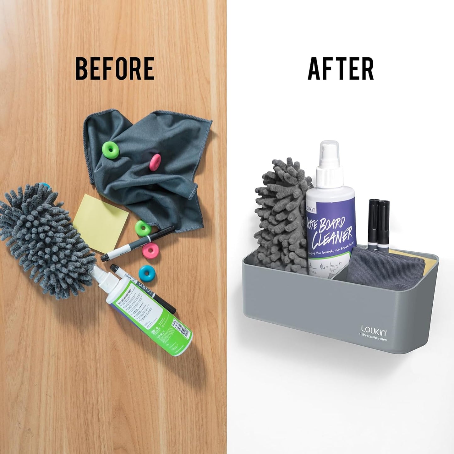 loukin Magnetic and Adhesive Marker Holder, Dry Erase Accessory Tray, Magnetic Storage Organizer for Whiteboard, Glass or Refrigerators (Grey)