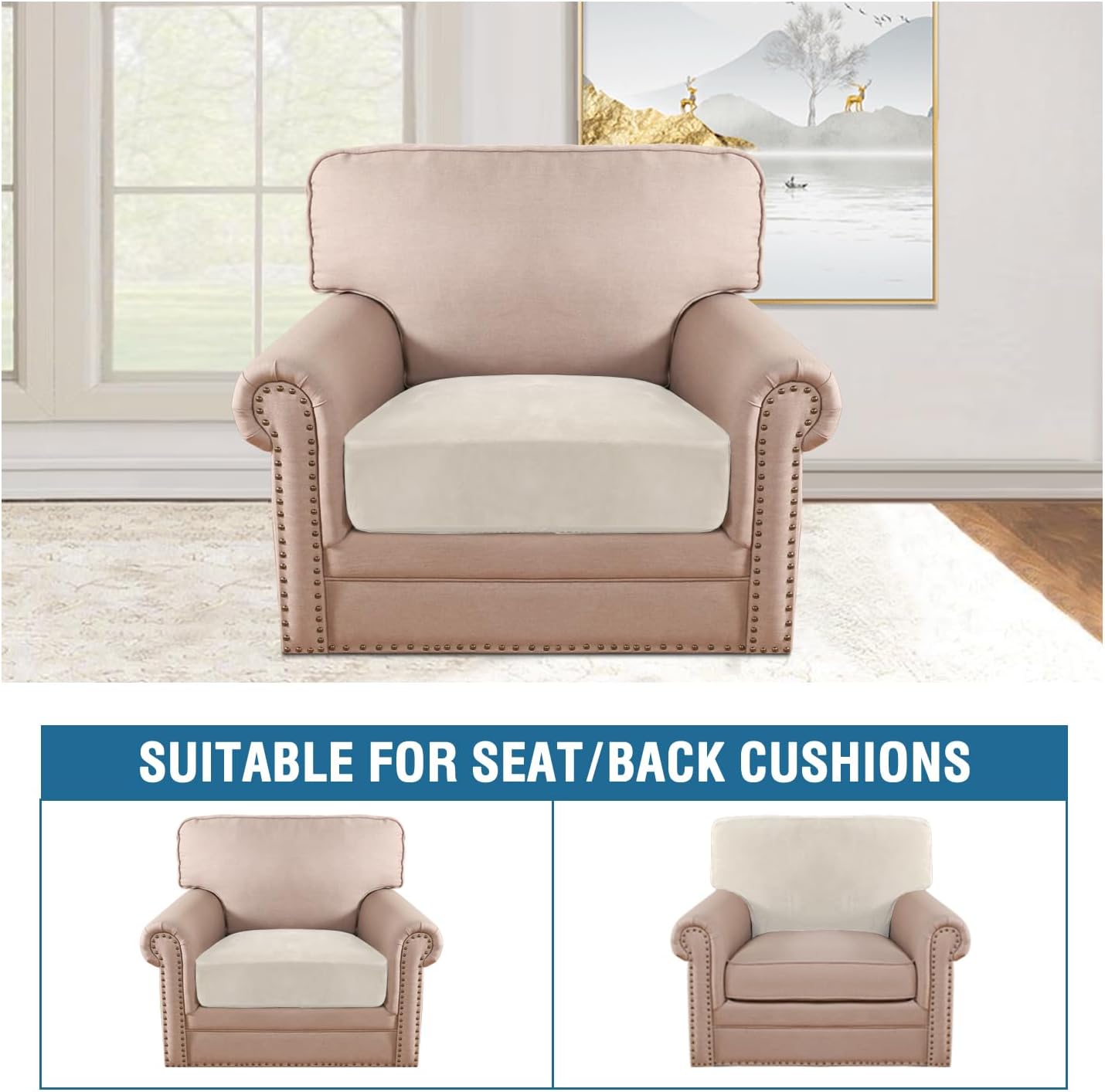 H.VERSAILTEX Velvet Stretch Couch Cushion Cover Plush Cushion Slipcover for Chair Cushion Furniture Protector Seat Cushion Sofa Cover (1 Piece Armchair Cushion Covers, Porcelain)