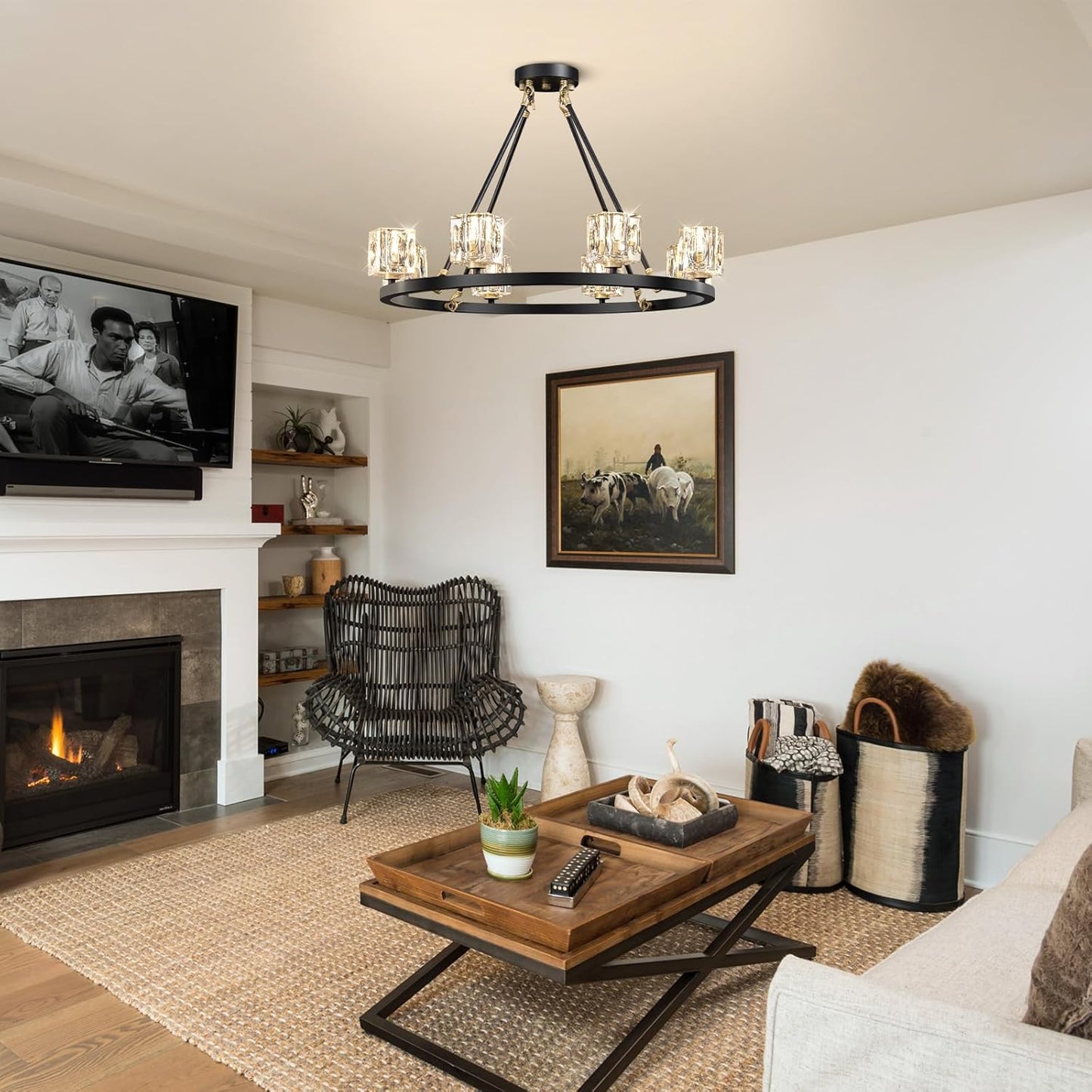 Black Wagon Wheel Chandelier, 8-Light Farmhouse Crystal Chandeleirs with Adjustable Height,Ceiling Hanging Light Fixture Pendant Lights for Living Room,Bedroom,Kitchen Island,Dining Room,Bedroom