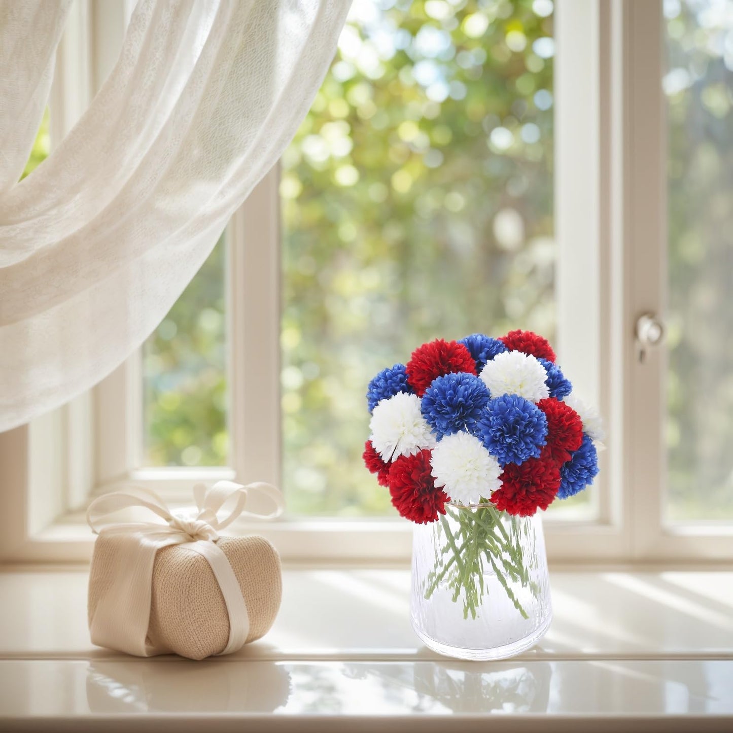 Kimura's Cabin 21Pcs Faux Chrysanthemum Flowers 4th of July Patriotic Flower Decor Artificial Mums Memorial Day Fake Ball Flower Home Event Table Centerpieces DIY Decoratio (Red White Blue
