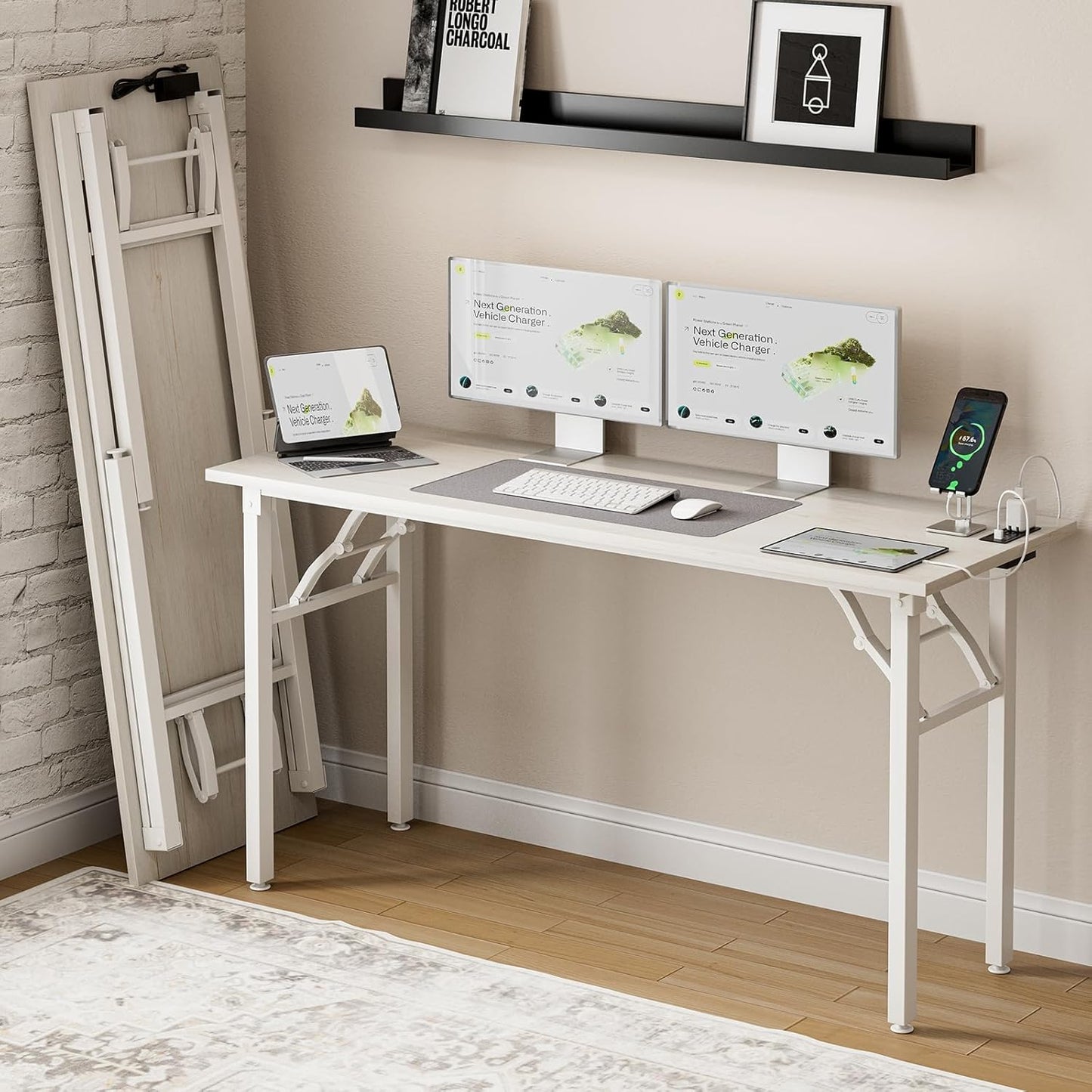 Frylr Small Folding Computer Desk – 55.1 Inch Portable Table for Craft and Study, Lightweight Desk for Small Spaces, Foldable Laptop Table Built-in AC/USB Outlets for Convenience, White Ash