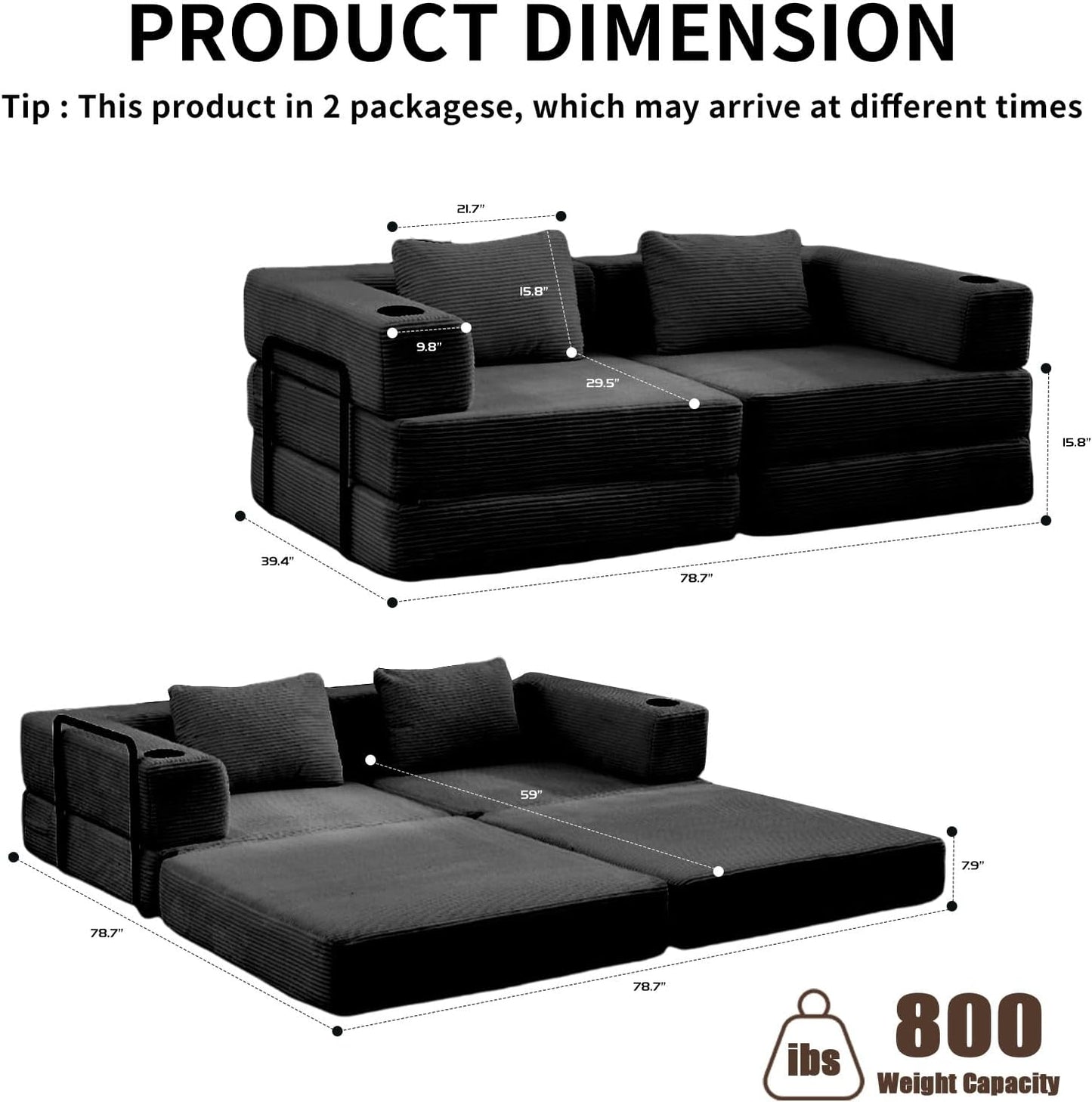 78" W Loveseat Sofa, 4 in 1 Convertible Floor Sofa Bed, Boneless Cloud Couch with Cup Holder, Fold Out Floor Couch, Loveseat Recliner Sleeper for Living Room Bedroom Lounge(Corduroy, White)