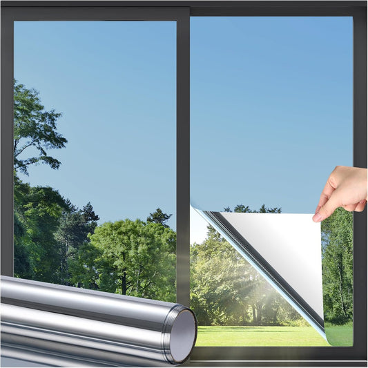 DOWELL Window Privacy Film, One Way Window Tint for Home, Static Cling Anti UV Sun Blocking Reflective Mirror Film, Heat Control See Out Not in Glass Tinting, Silver, 23.6" x 157.5"