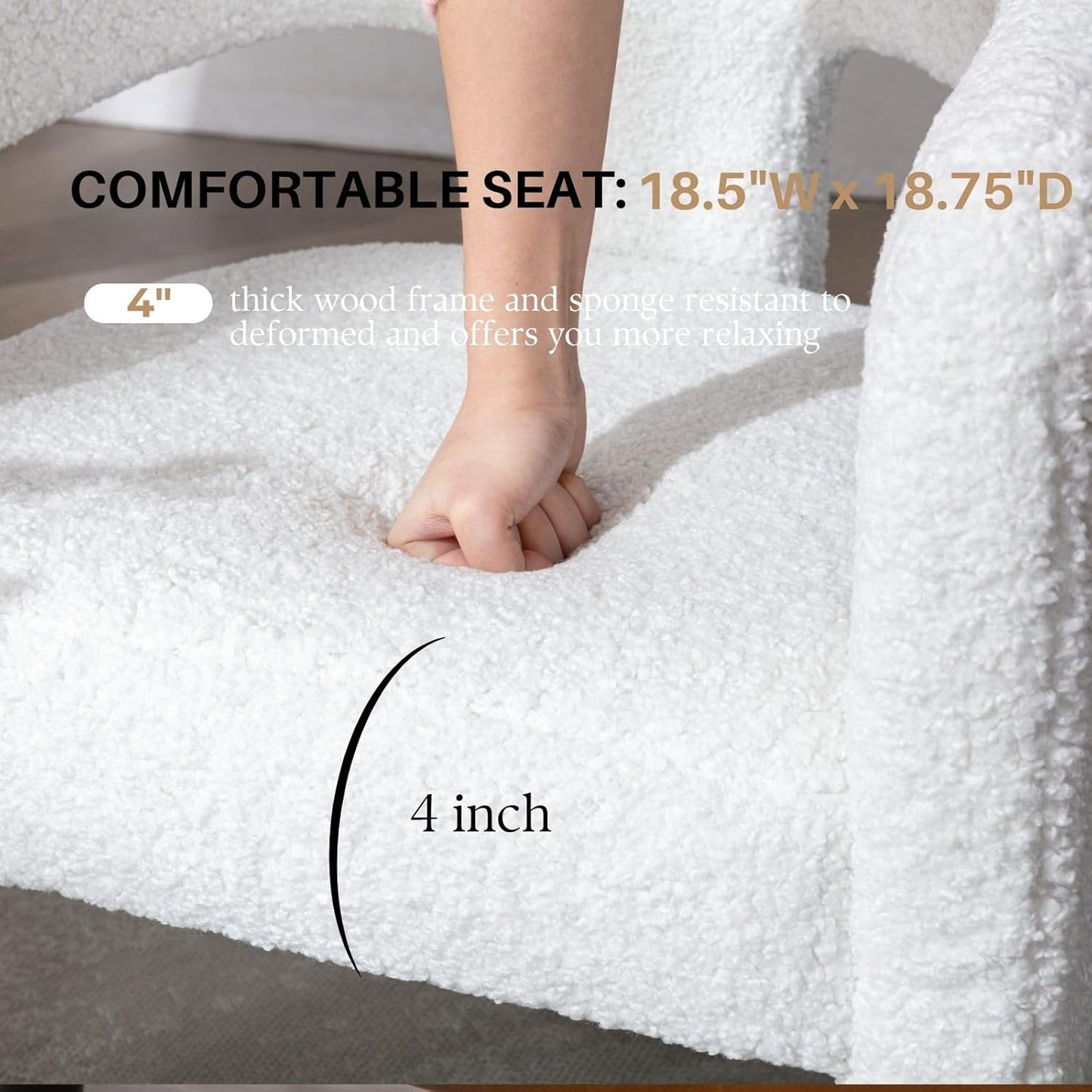 White Boucle Dining Chairs Set of 4, Modern Barrel Dining Room Chairs Upholstered Faux Fur Accent Chair with Arms and Round Back for Living Room Kitchen Armchair No Assembly Needed